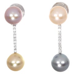 18K White Gold Drop Earrings with Diamonds and Multicolor Pearls
