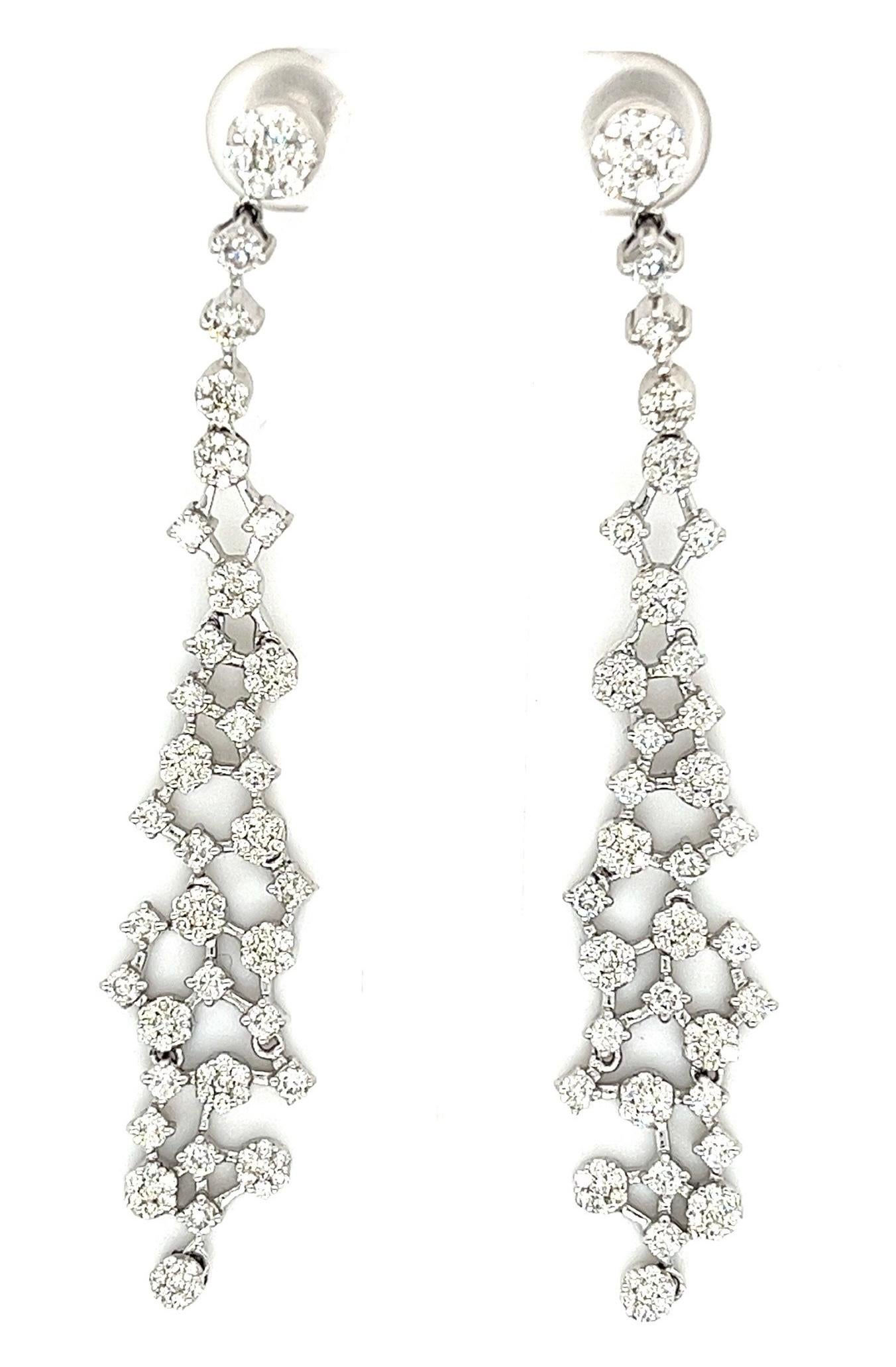 Modern 18K White Gold Drop Earrings with Diamonds For Sale