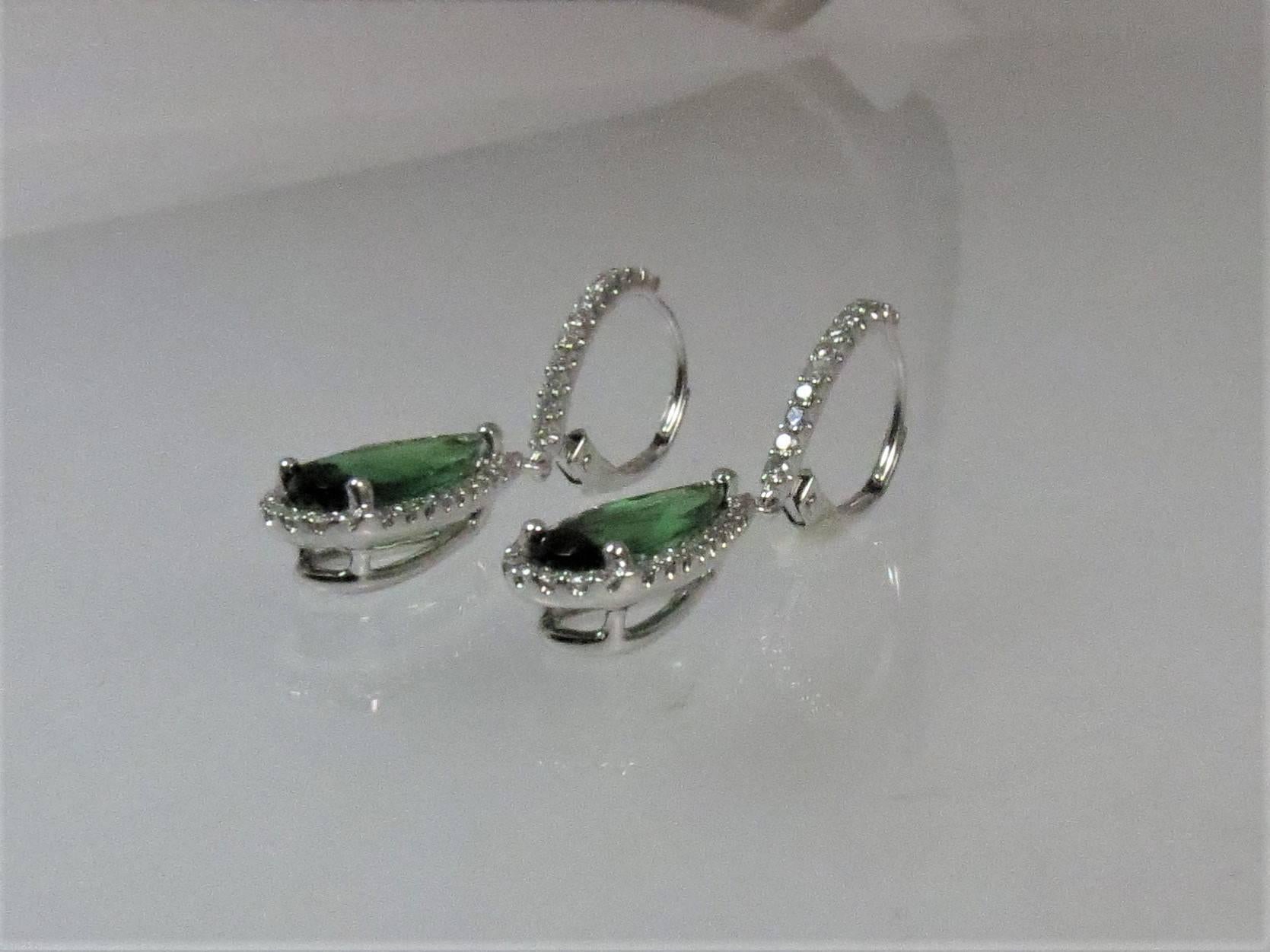 Pear Cut 18 Karat White Gold Drop Earrings with Green Tourmalines and Diamonds