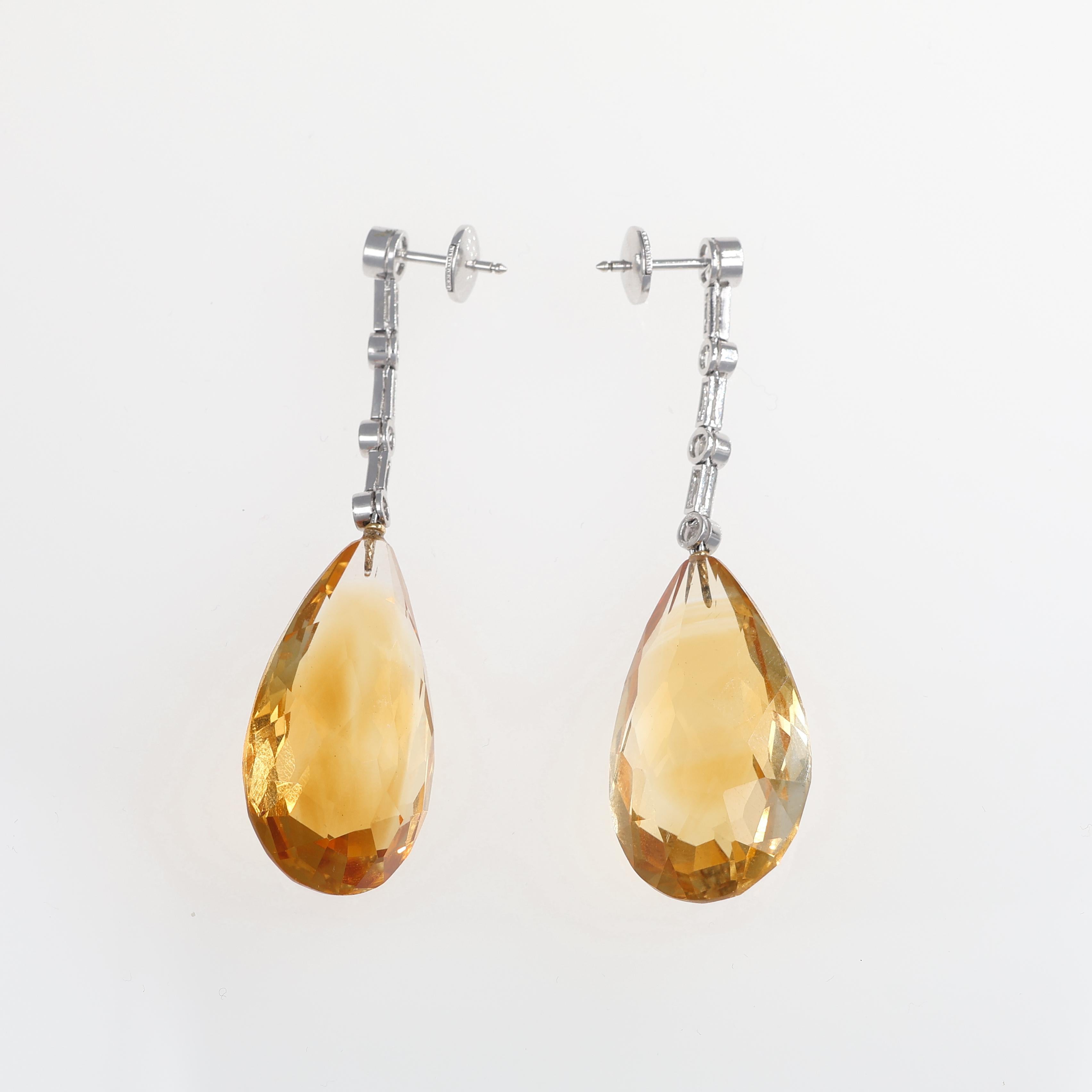 Brilliant Cut 18K White Gold Drop Earrings with Natural Yellow Topaz and Diamonds For Sale
