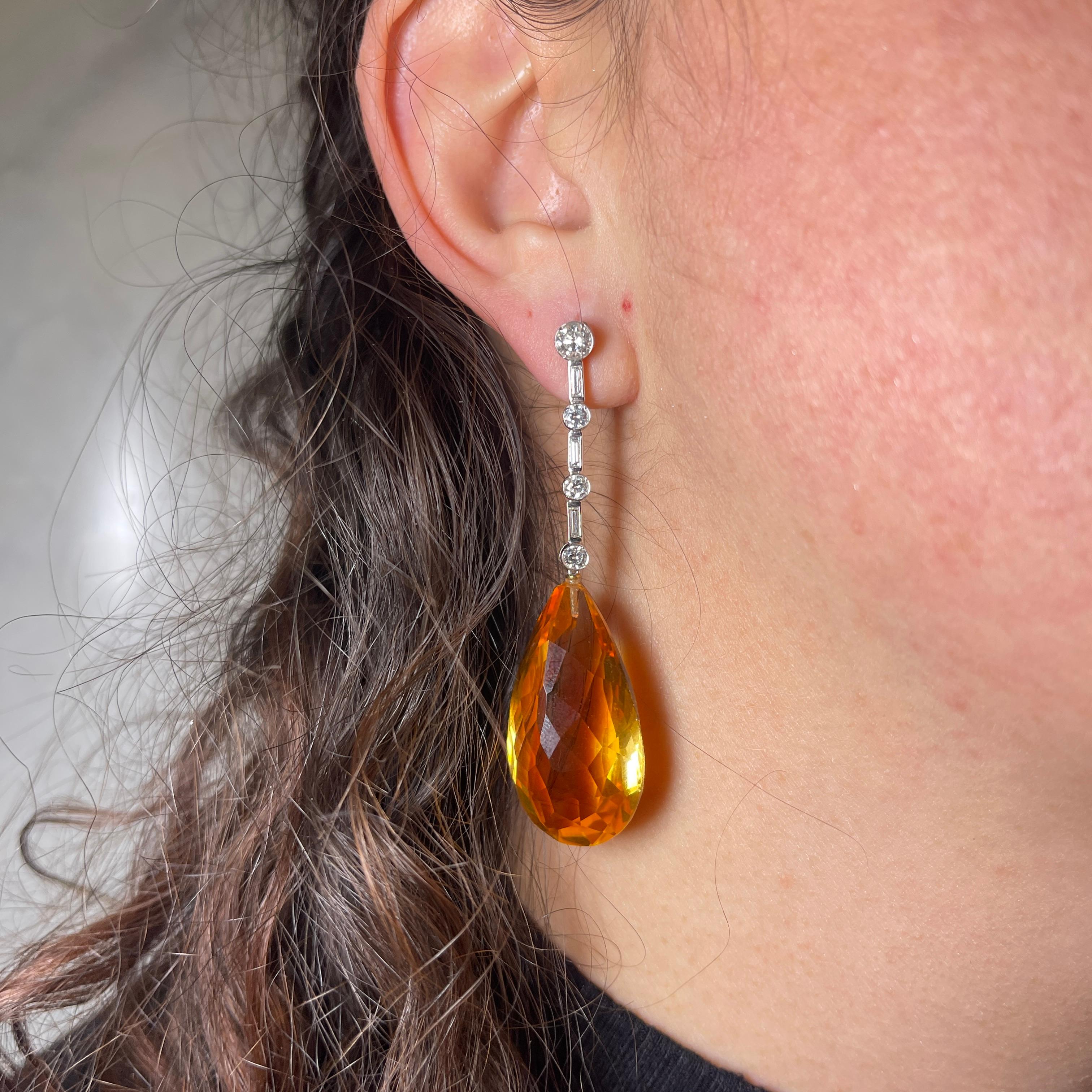 Women's or Men's 18K White Gold Drop Earrings with Natural Yellow Topaz and Diamonds For Sale