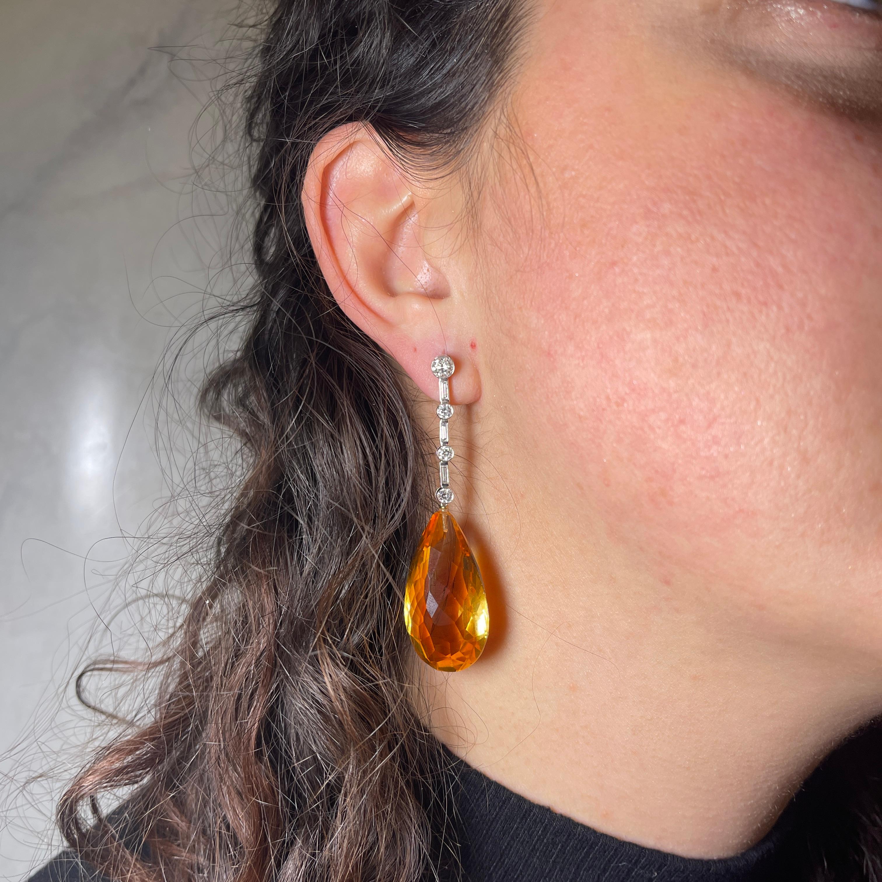 18K White Gold Drop Earrings with Natural Yellow Topaz and Diamonds For Sale 1