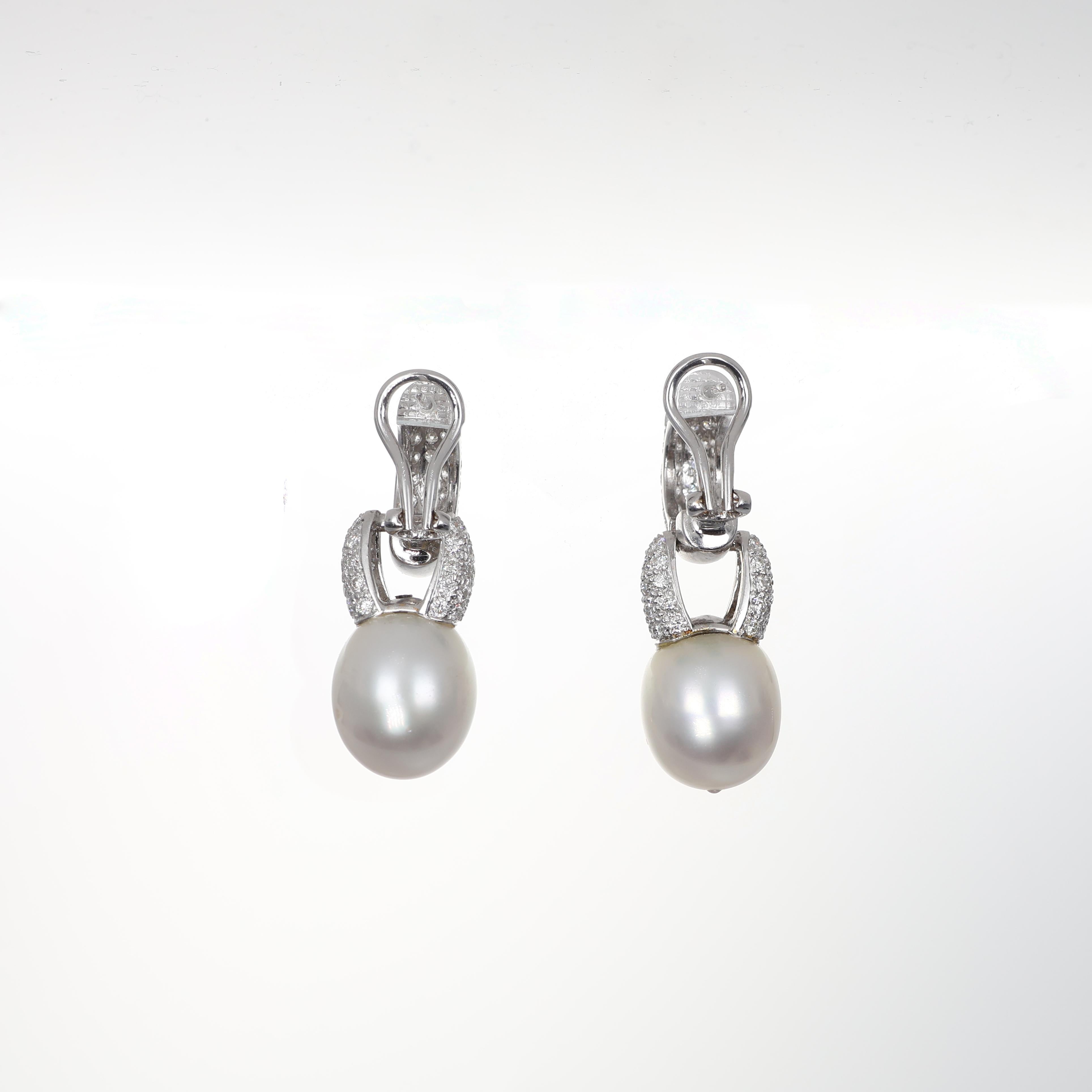 Brilliant Cut 18K White Gold Drop Earrings with Pearls and Diamond Pavé For Sale