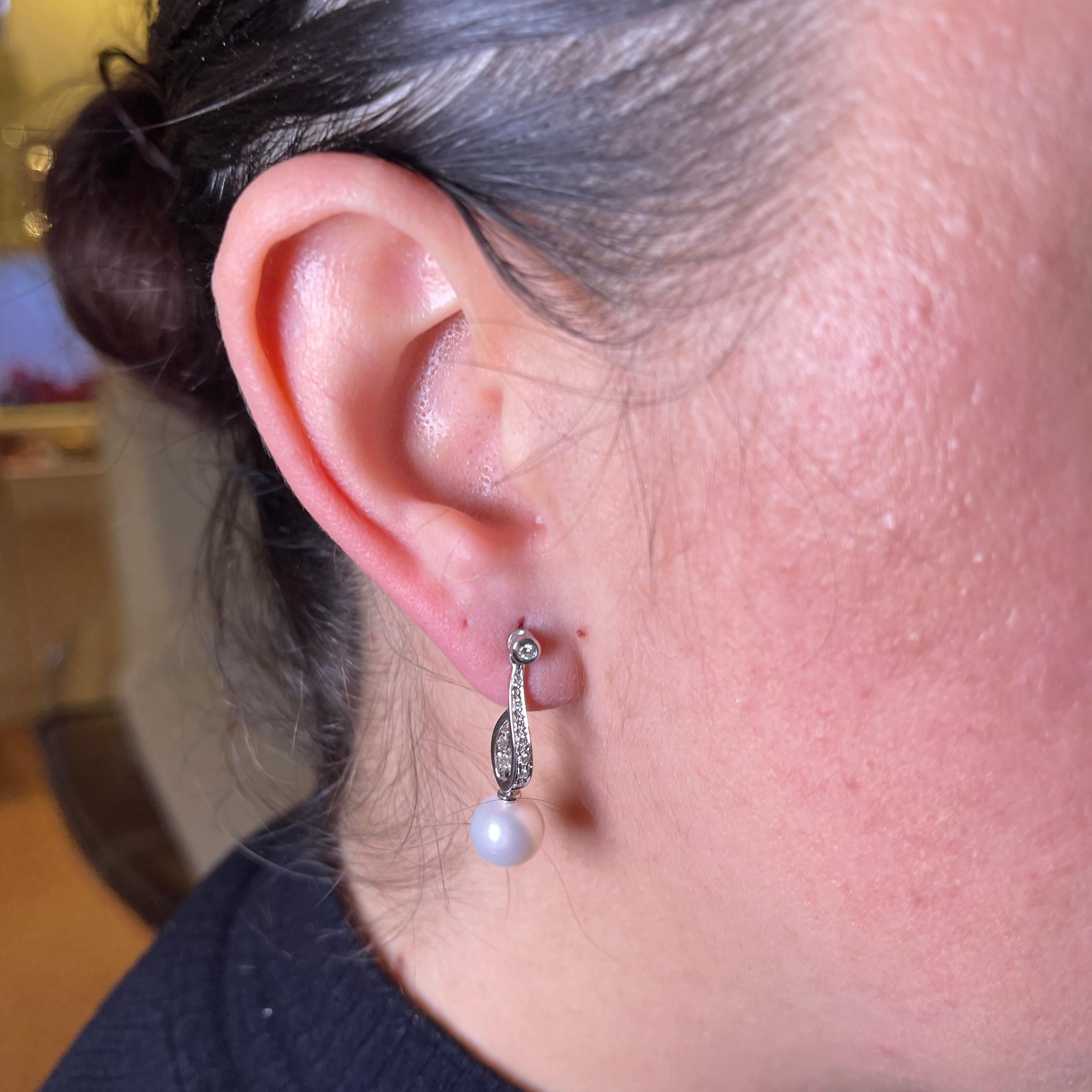 18K White Gold Drop Earrings with Pearls and Diamond Pavé In New Condition For Sale In Bergamo, BG