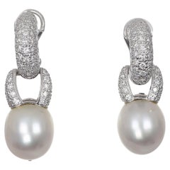 18K White Gold Drop Earrings with Pearls and Diamond Pavé