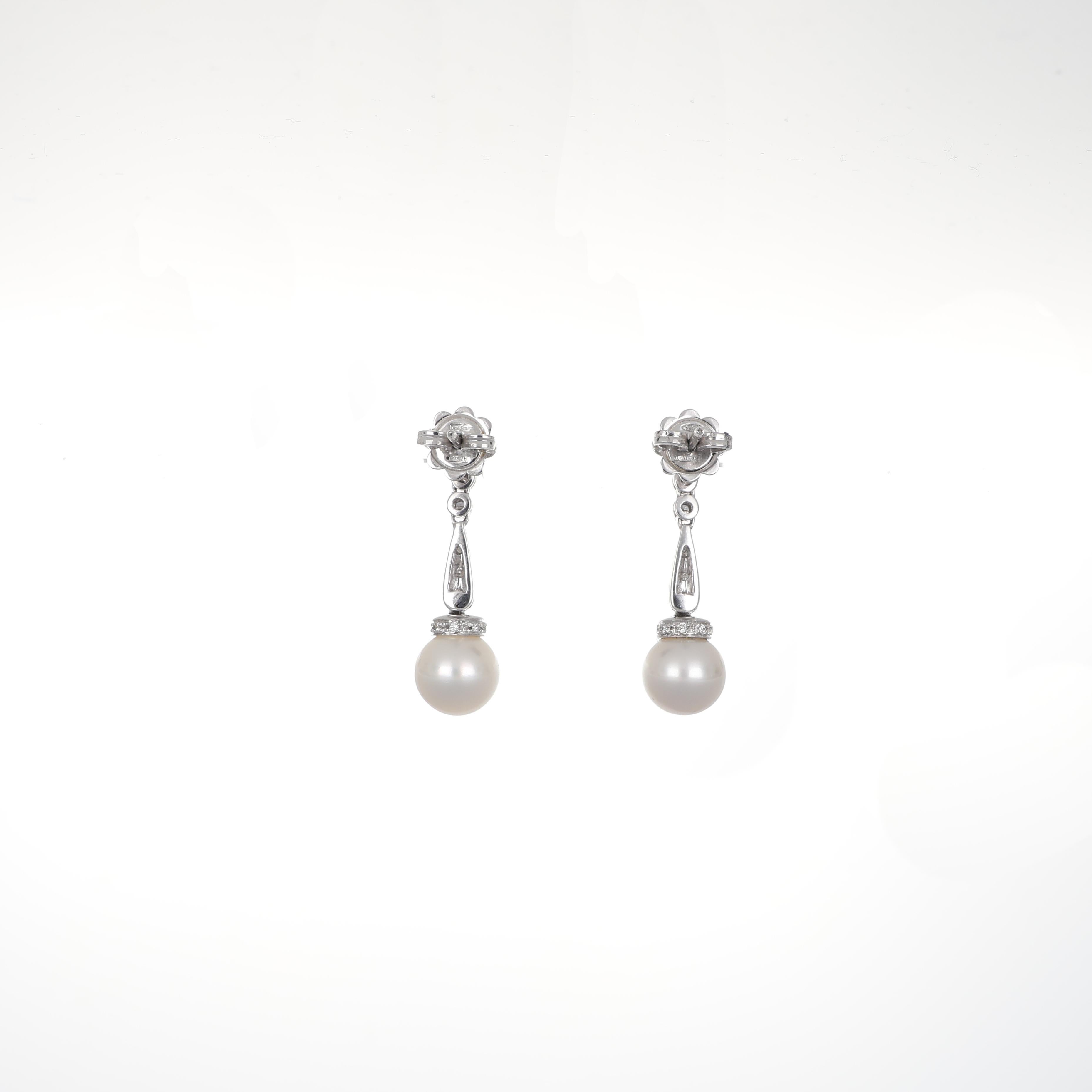 Brilliant Cut 18K White Gold Drop Earrings with Pearls and Diamonds For Sale