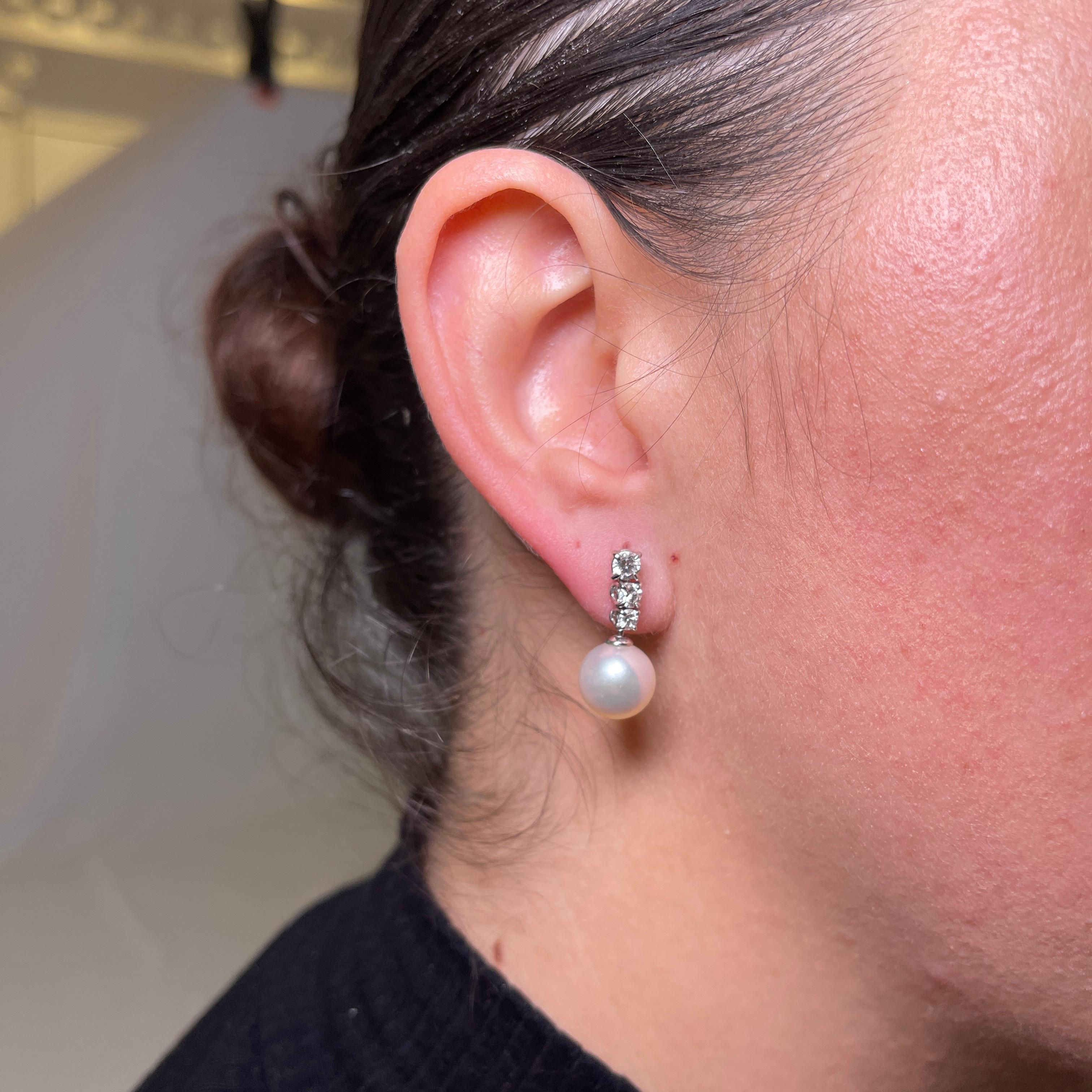 Women's or Men's 18K White Gold Drop Earrings with Pearls and Diamonds For Sale