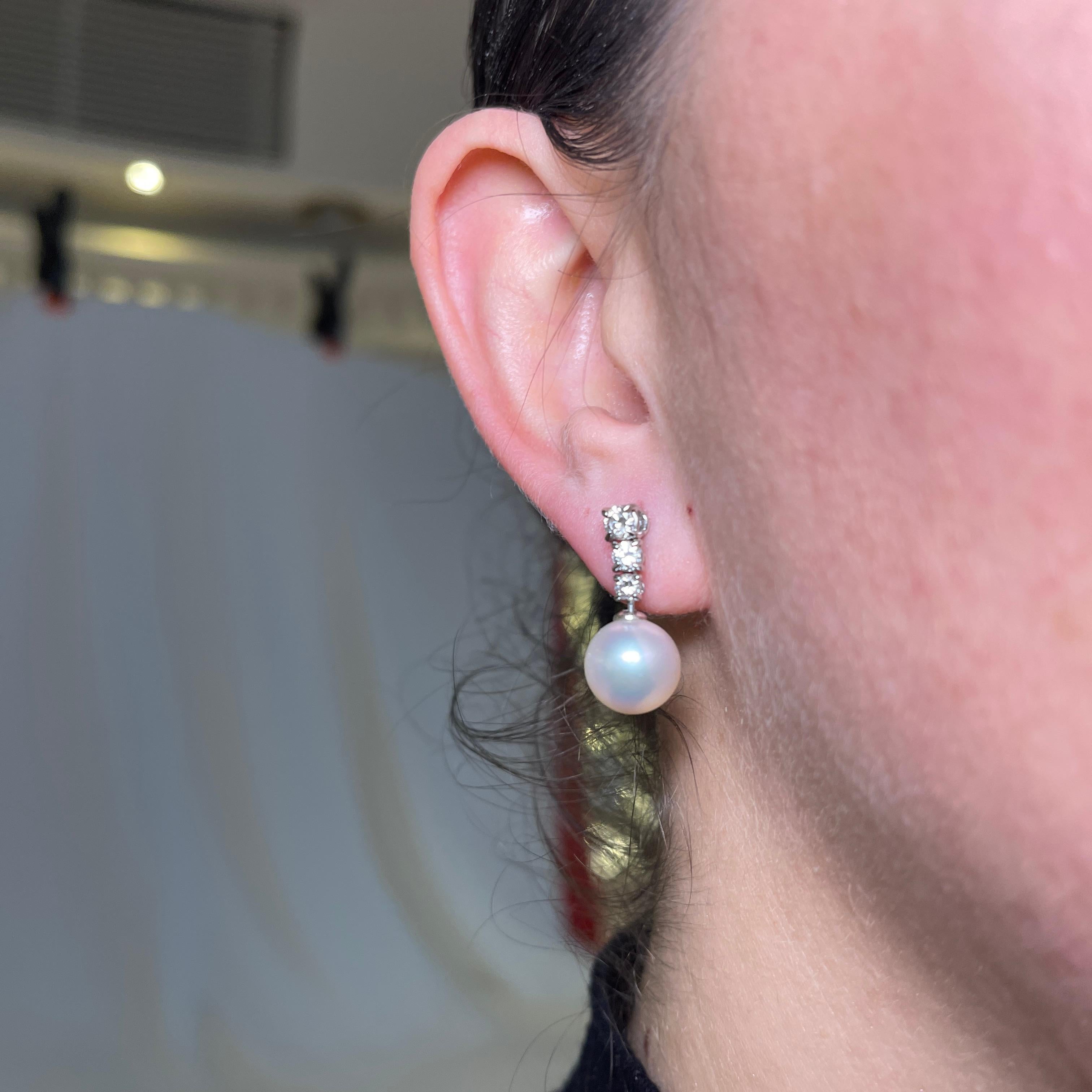 18K White Gold Drop Earrings with Pearls and Diamonds For Sale 1