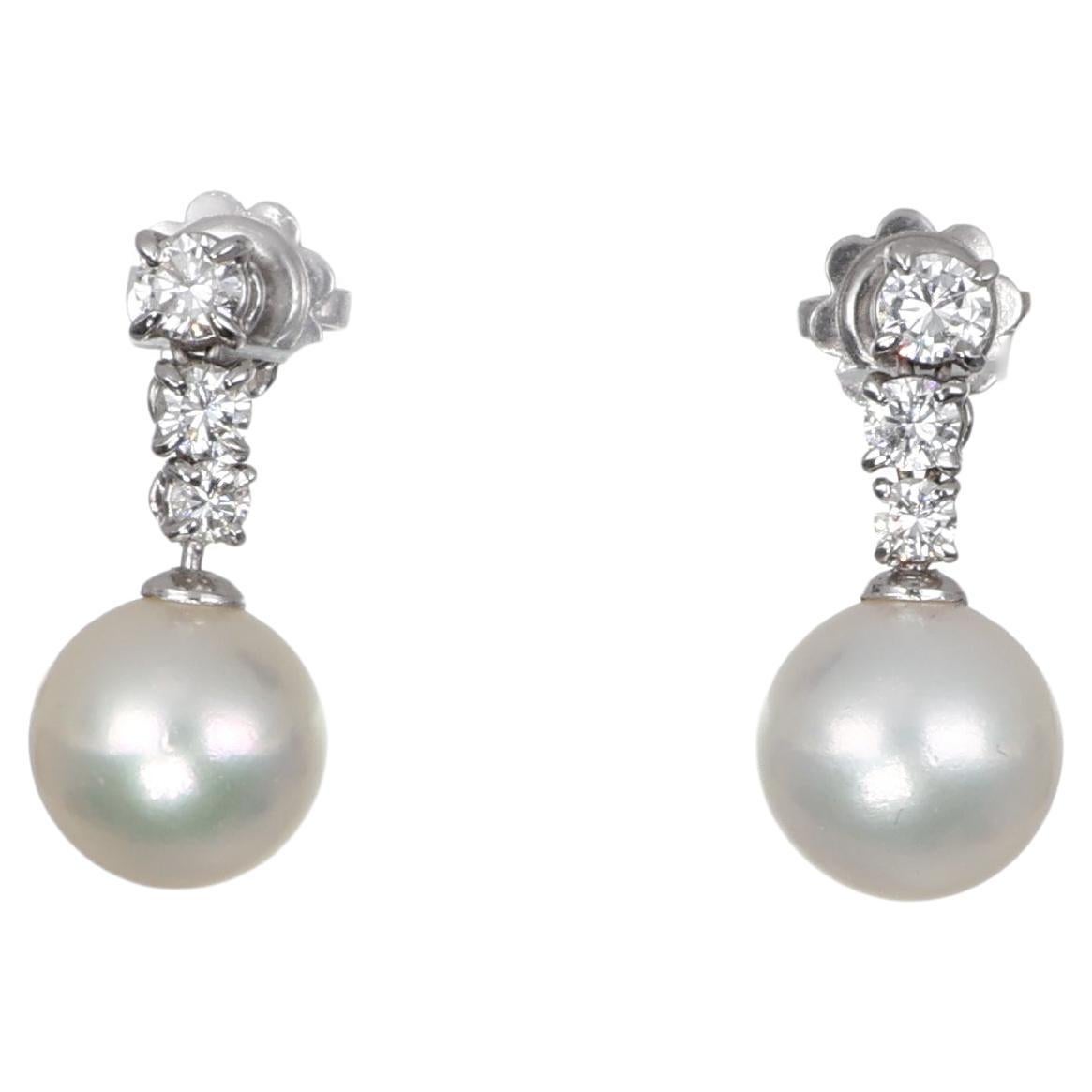 18K White Gold Drop Earrings with Pearls and Diamonds