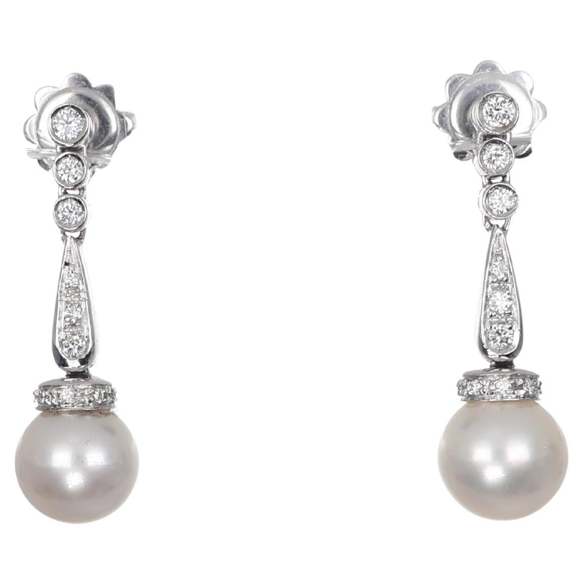 18K White Gold Drop Earrings with Pearls and Diamonds