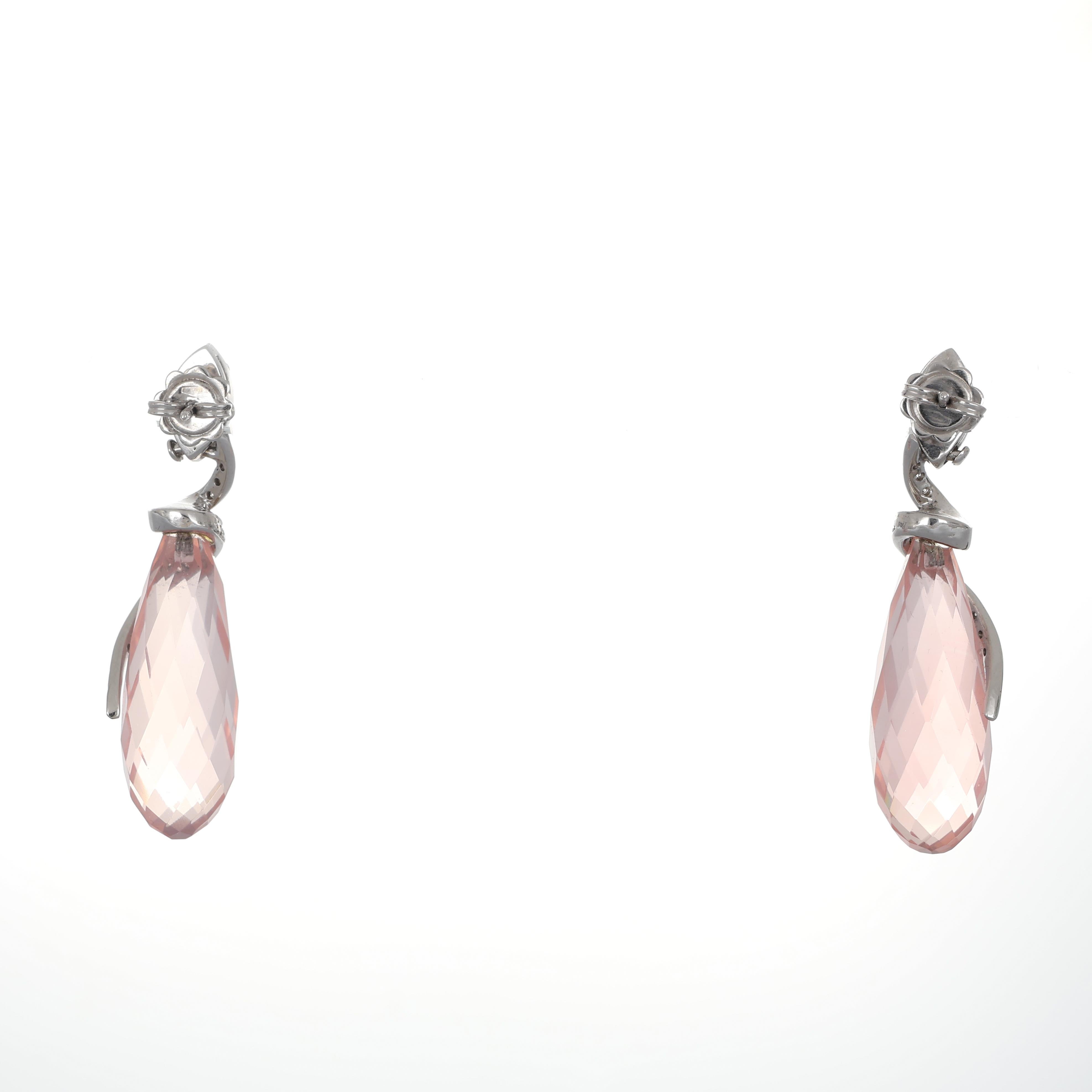 Taglio brillante Orecchini pendenti in oro bianco 18K con tormalina rosa e spirale di diamanti in vendita