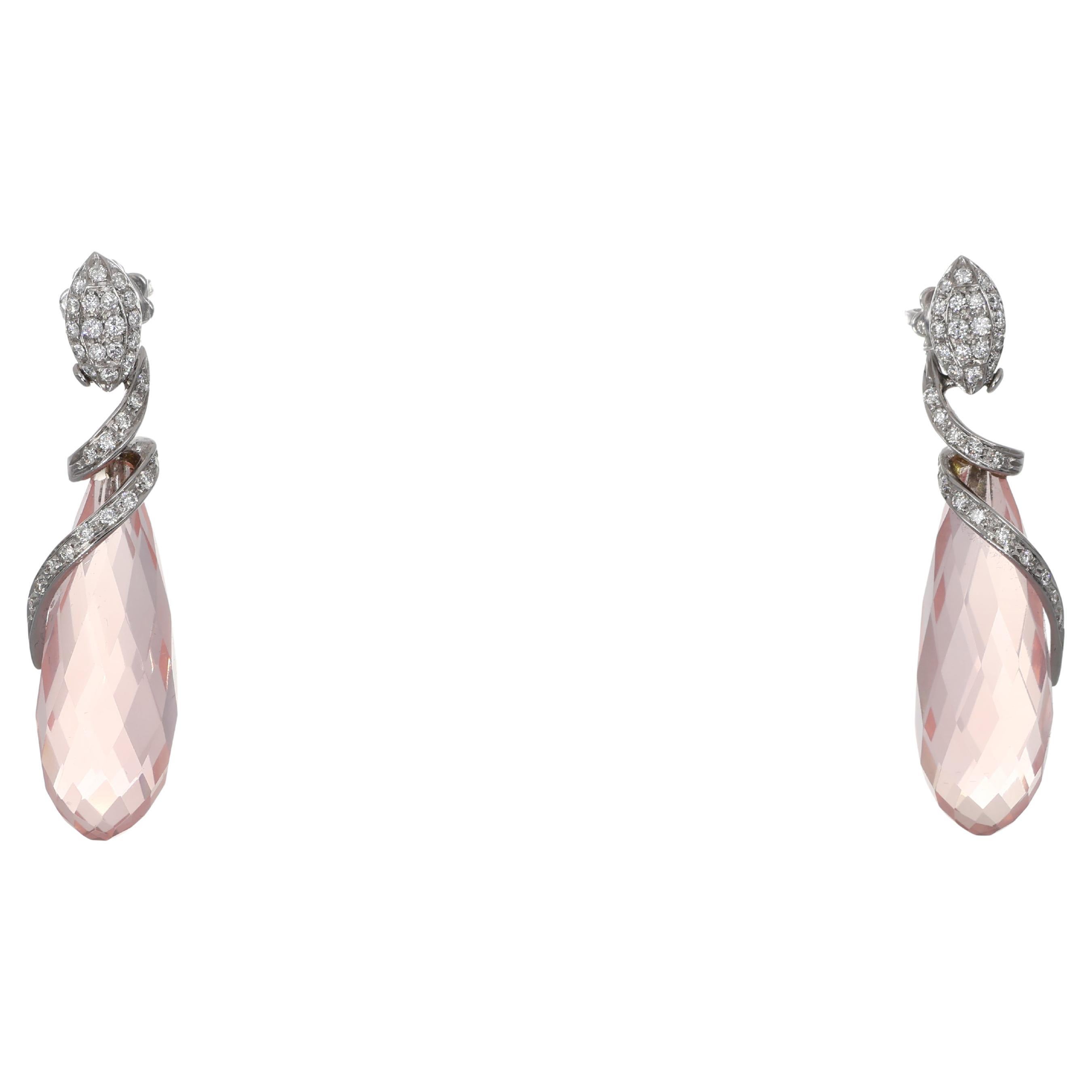18K White Gold Drop Earrings with Pink Tourmaline and Diamond Spiral
