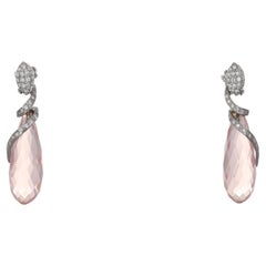 18K White Gold Drop Earrings with Pink Tourmaline and Diamond Spiral