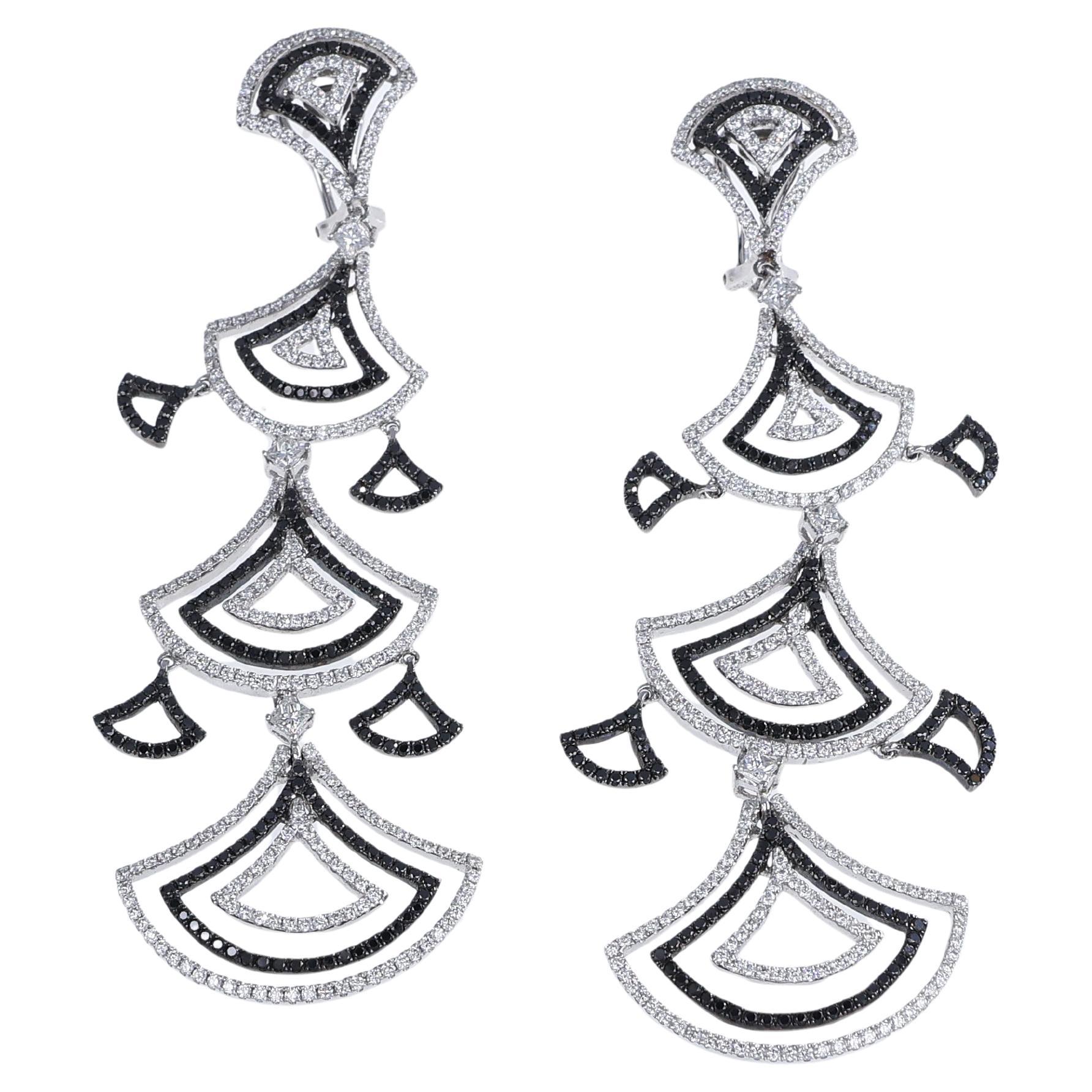18K White Gold Drop Earrings with White and Black Diamonds