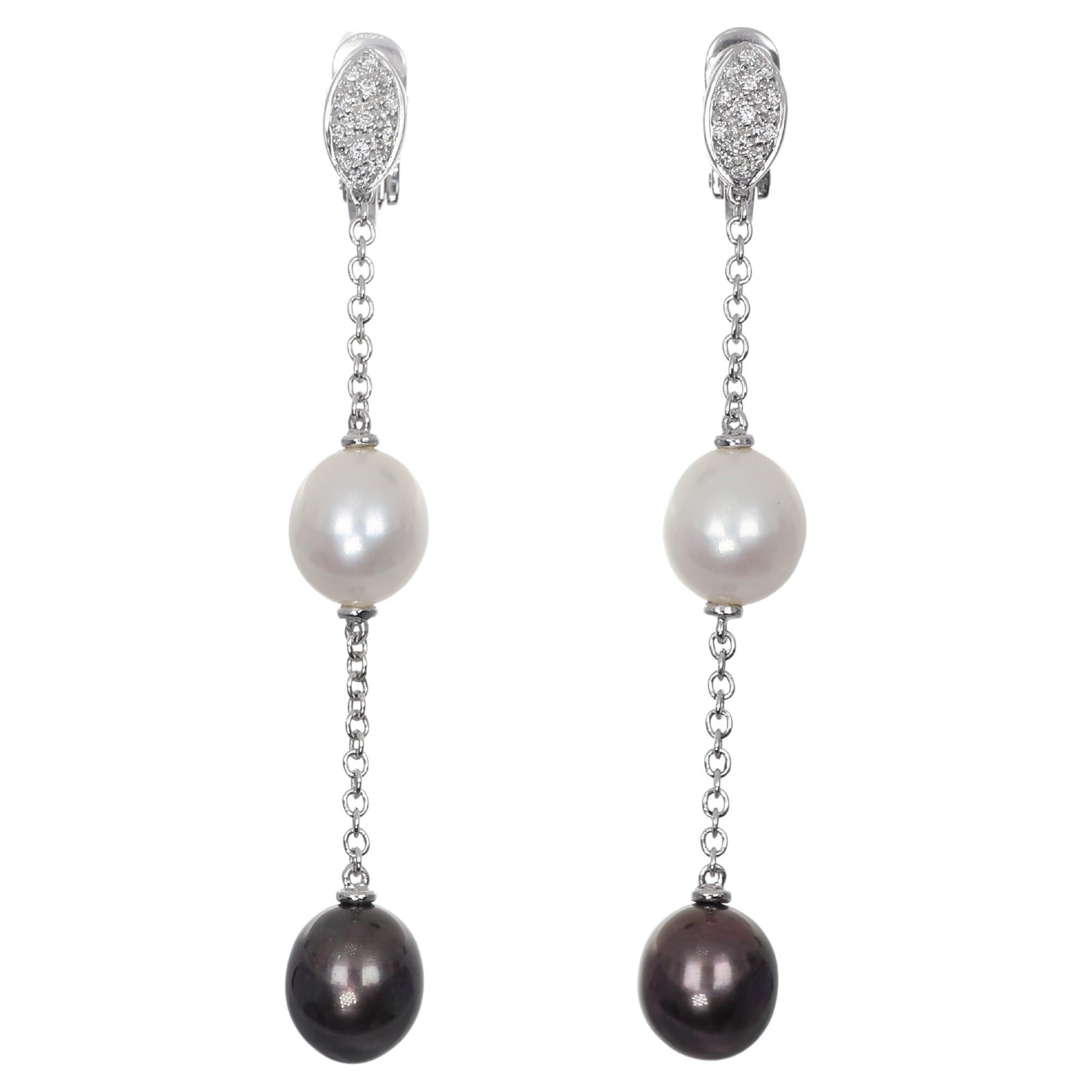 18K White Gold Drop Earrings with White and Black Pearls and Diamonds