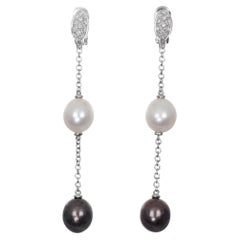 18K White Gold Drop Earrings with White and Black Pearls and Diamonds