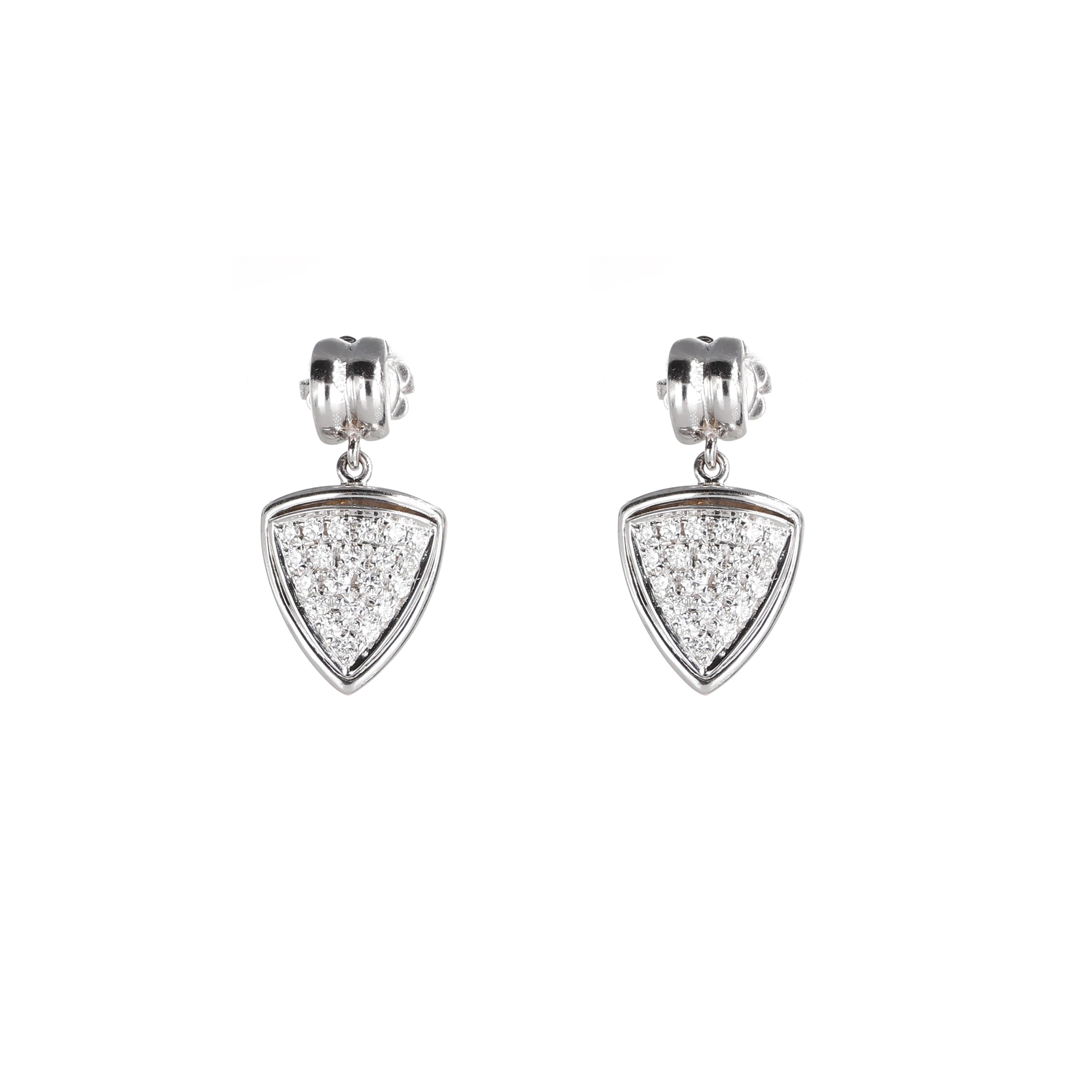 A refined pair of drop earrings crafted in 18K white gold, featuring an elegant triangular motif adorned with brilliant-cut white diamonds. With a total diamond weight of 0.51 carats, these earrings exude timeless sophistication. Lightweight and