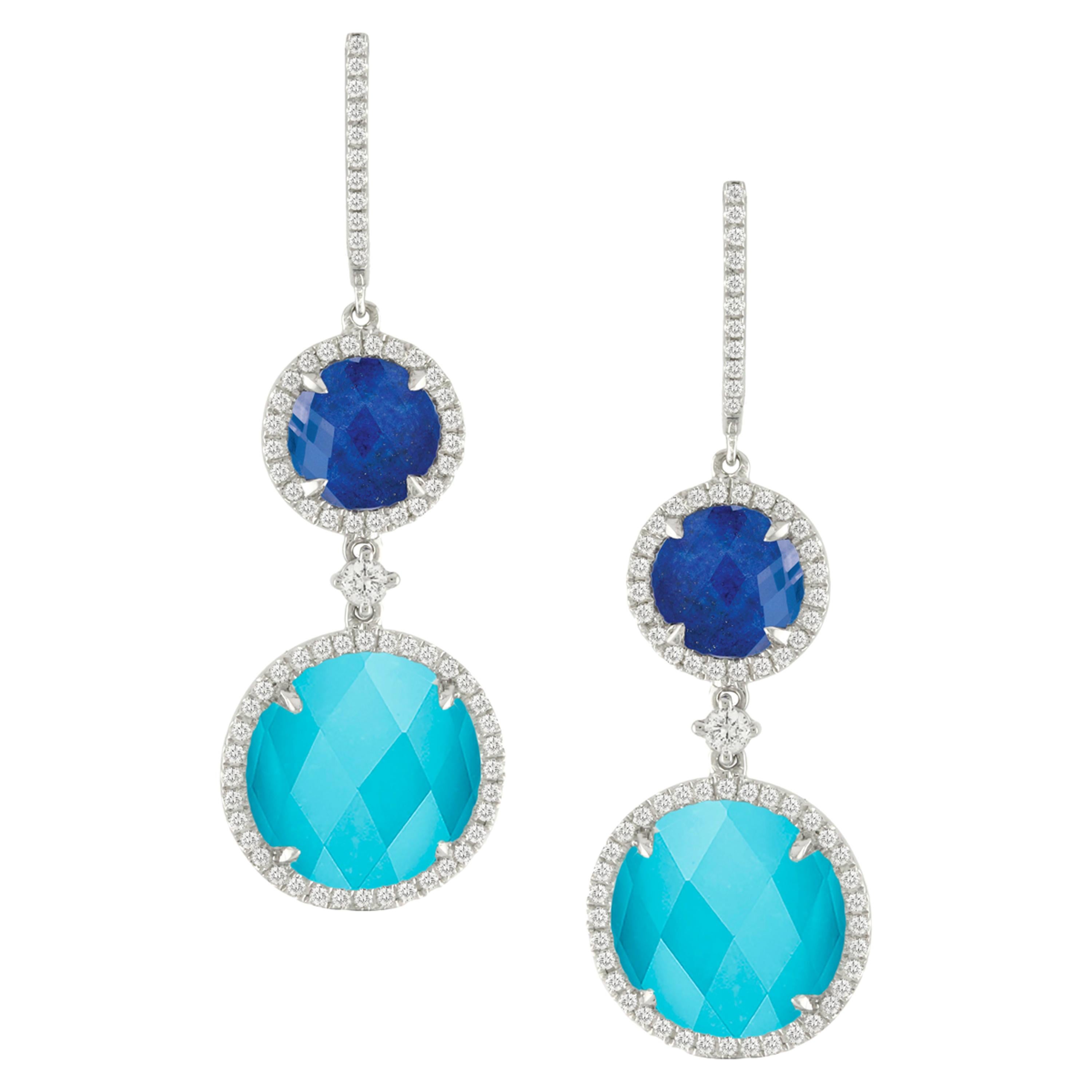 18k White Gold Drop Earrings with White Topaz, Turquoise Lapis Lazuli & Diamonds For Sale