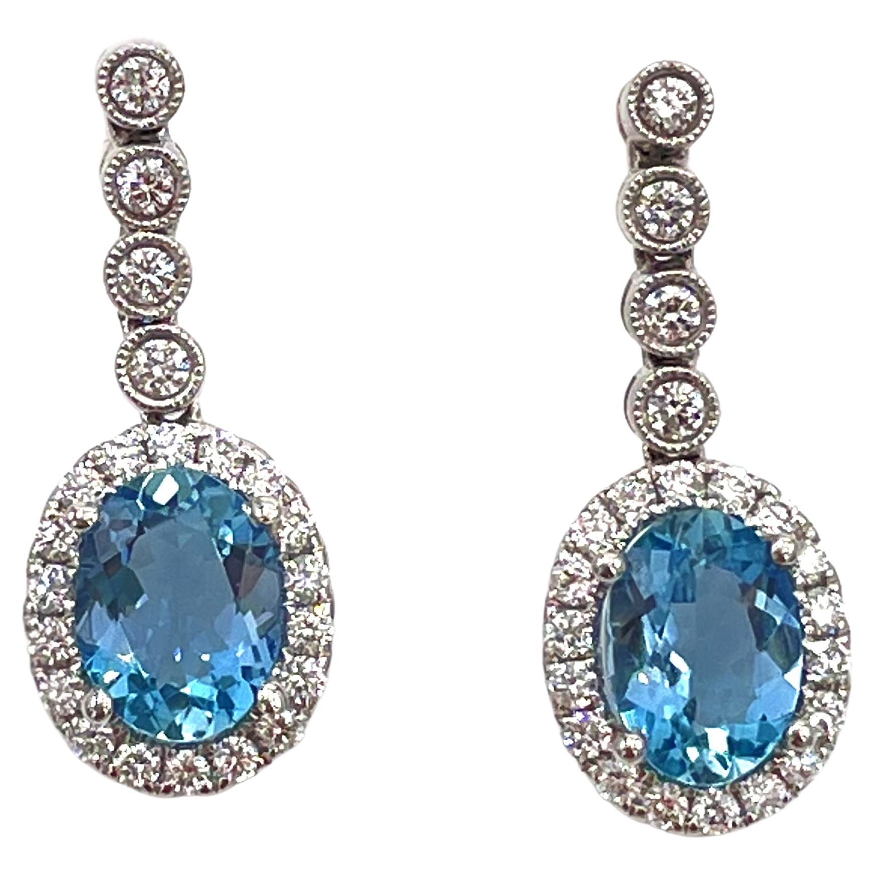 18K White Gold Drop Halo Earrings with Aquamarines and Diamonds For Sale