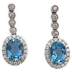 18K White Gold Drop Halo Earrings with Aquamarines and Diamonds