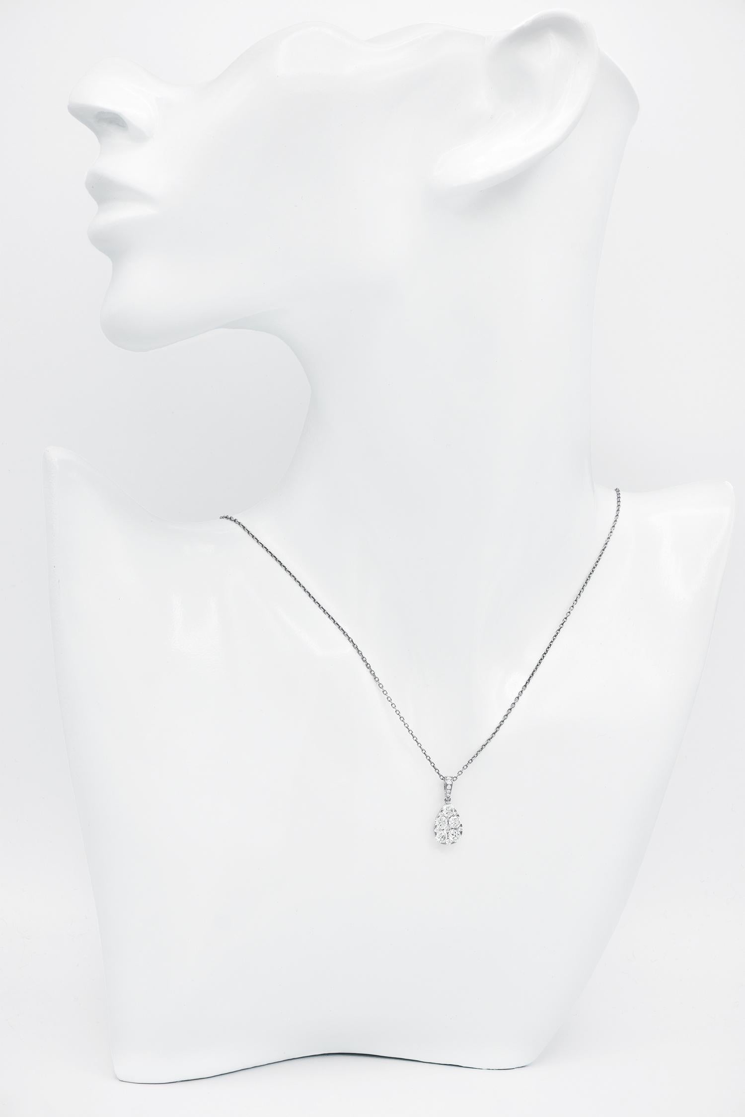 Round Cut 18K White Gold Drop Shape Diamond Cluster Pendant with Chain For Sale