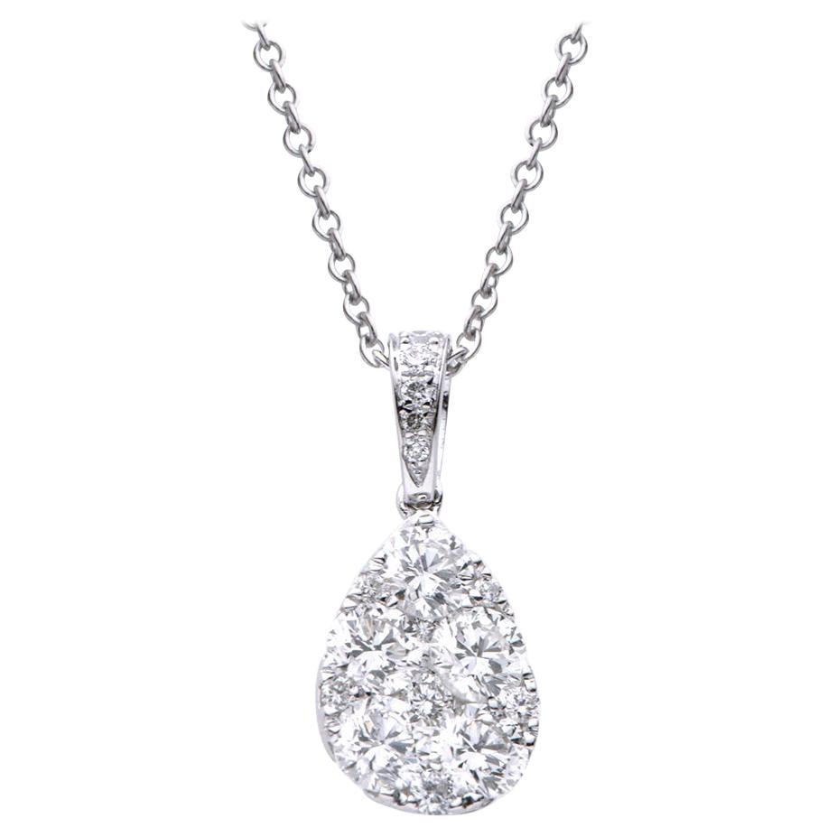 18K White Gold Drop Shape Diamond Cluster Pendant with Chain For Sale