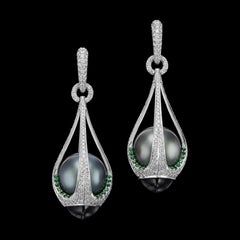 18K White Gold Drop-Shape Tahiti Black Pearl Tsavorite and Tourmaline Earrings