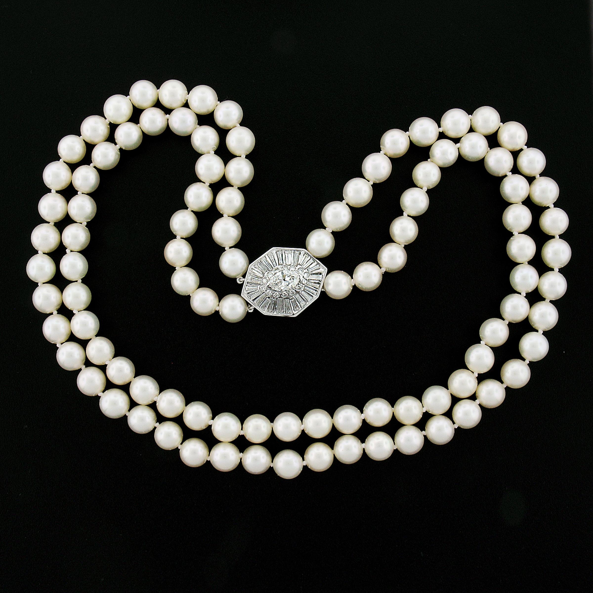 18k White Gold Dual Strand 8-8.5mm Pearl Necklace w/ GIA 3.68ctw Diamond Clasp For Sale 5