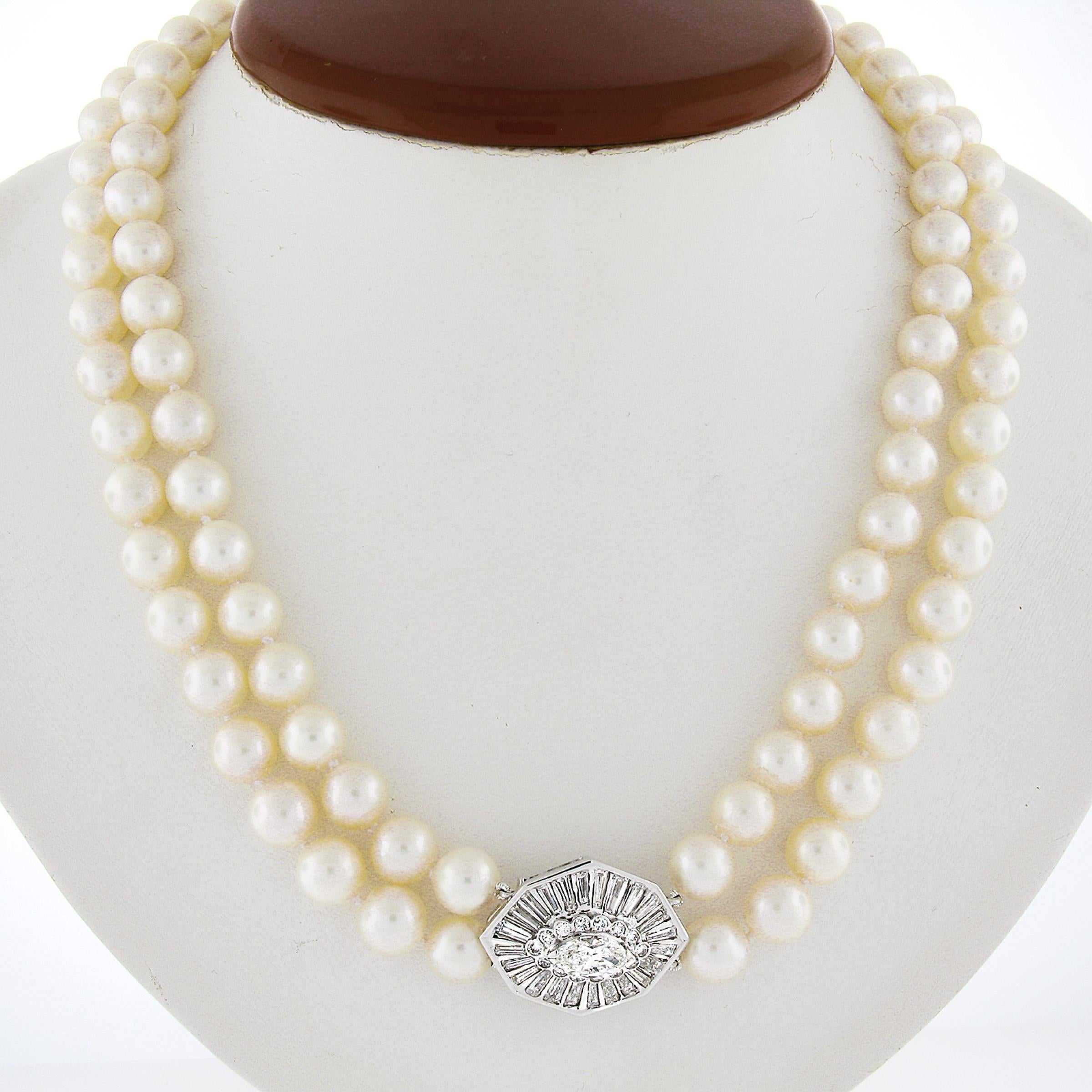 Round Cut 18k White Gold Dual Strand 8-8.5mm Pearl Necklace w/ GIA 3.68ctw Diamond Clasp For Sale