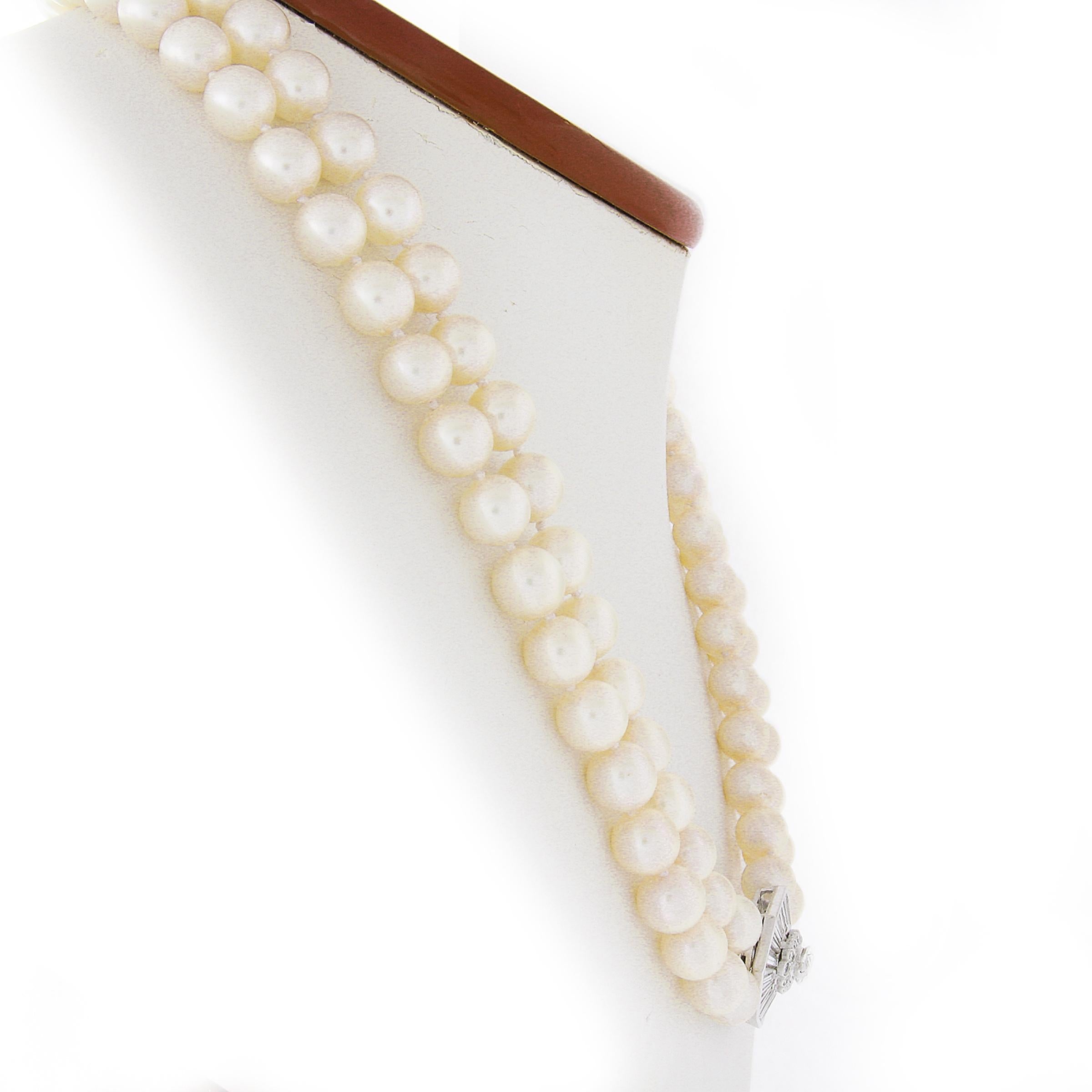18k White Gold Dual Strand 8-8.5mm Pearl Necklace w/ GIA 3.68ctw Diamond Clasp In Good Condition For Sale In Montclair, NJ