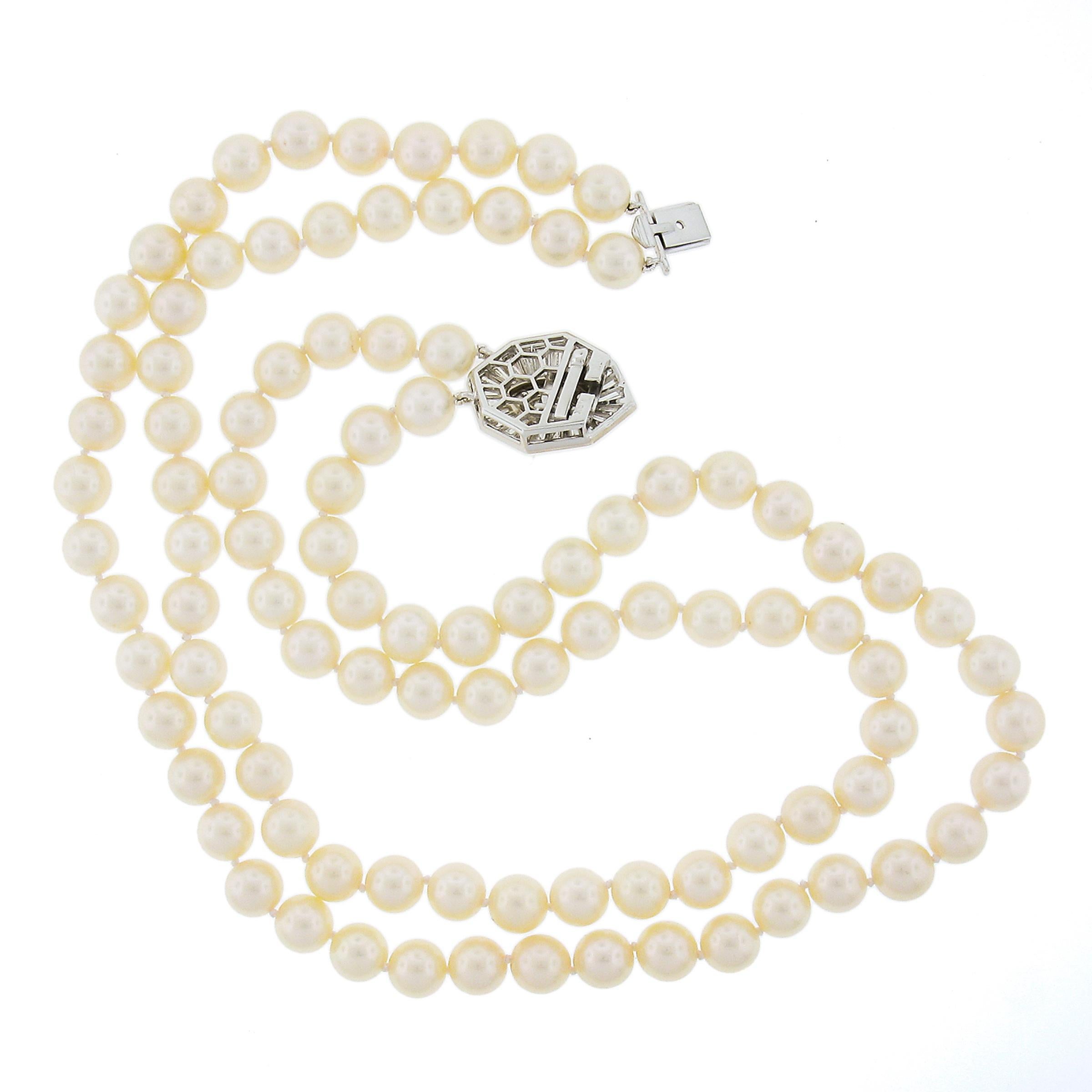 18k White Gold Dual Strand 8-8.5mm Pearl Necklace w/ GIA 3.68ctw Diamond Clasp For Sale 1