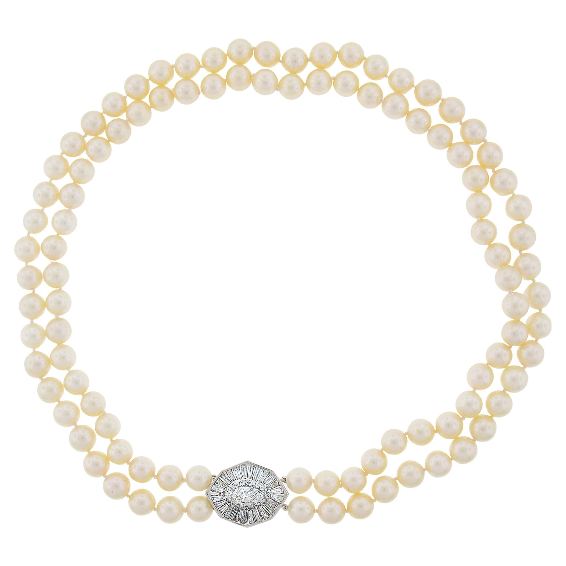 18k White Gold Dual Strand 8-8.5mm Pearl Necklace w/ GIA 3.68ctw Diamond Clasp For Sale