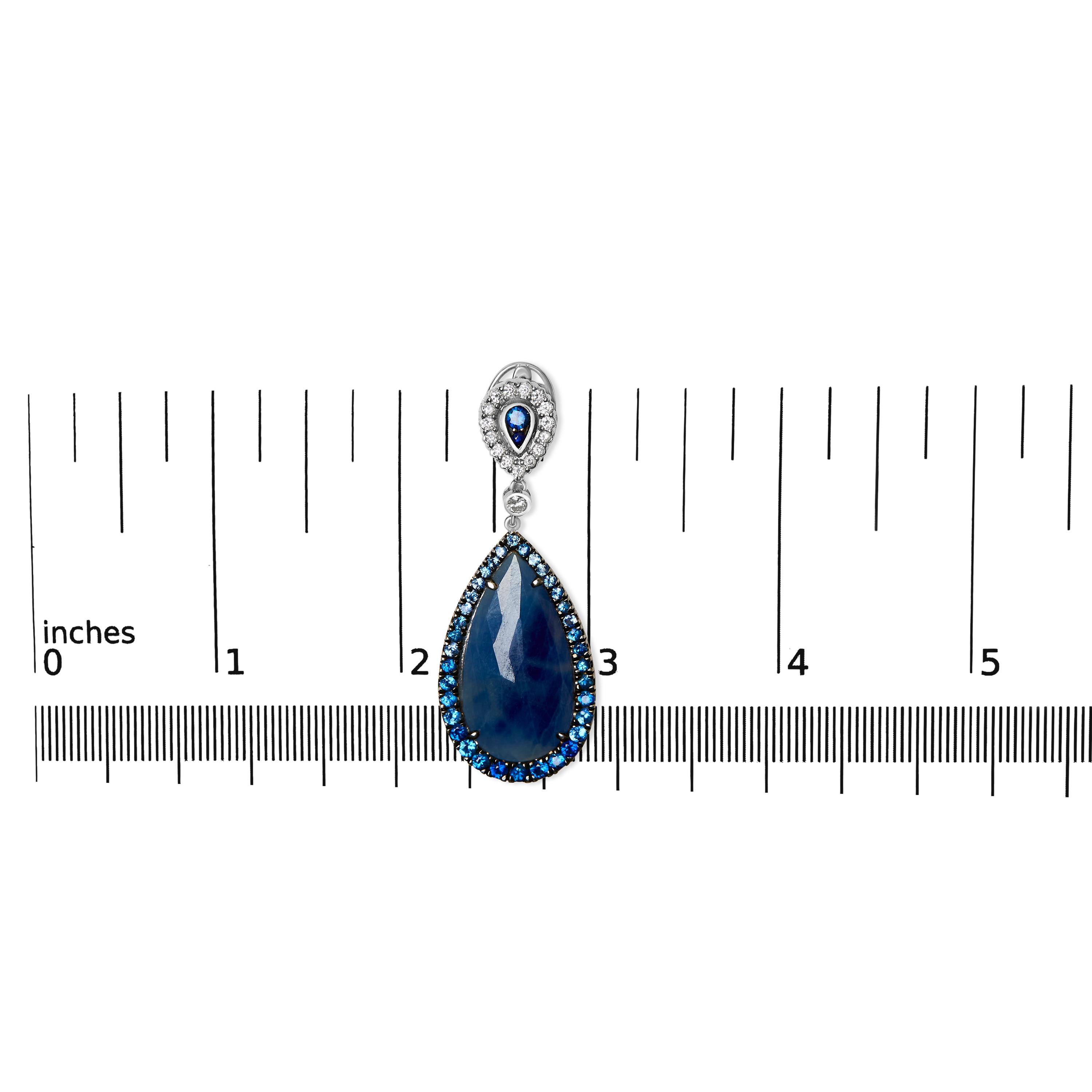 Round Cut 18K White Gold Earring Blue Sapphire and Diamond Halo Drop and Dangle Earrings For Sale