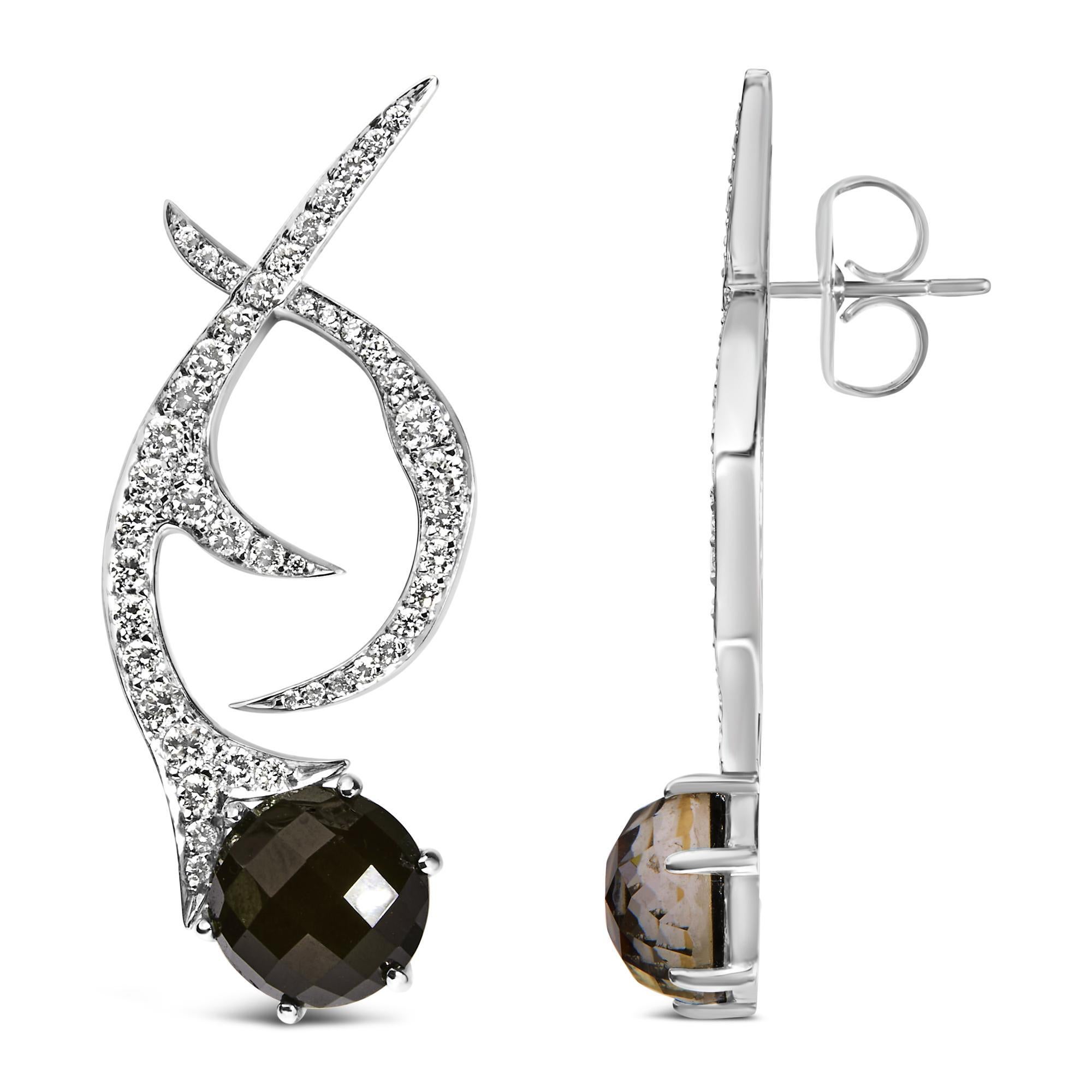 Modern 18K White Gold Earrings 1 3/5 Cttw Diamonds and Black Shell Swirl Drop Earrings For Sale