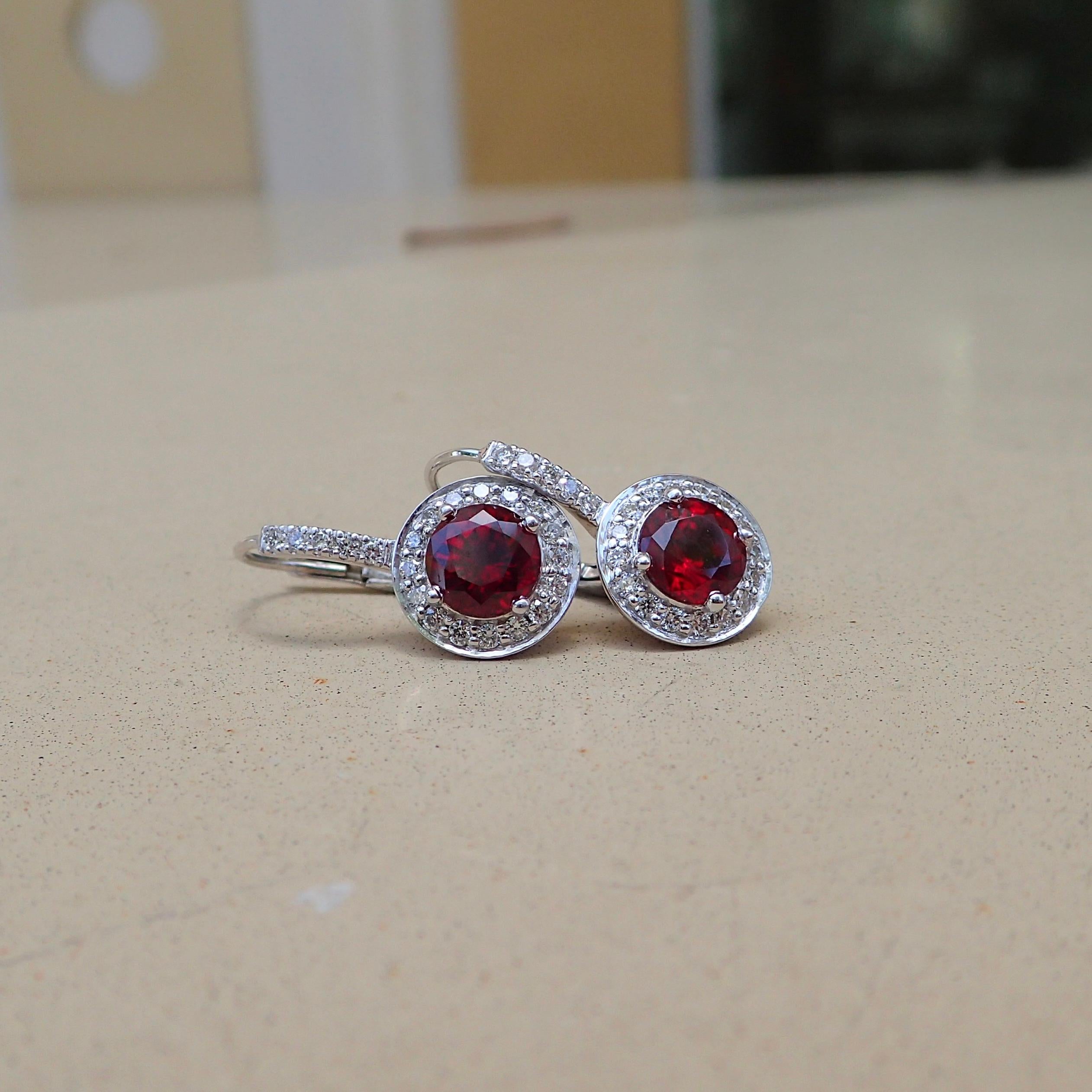 Contemporary 18k White Gold Earrings, 2.43 Carat Chatham-Created Ruby, 0.41 Carat Diamond