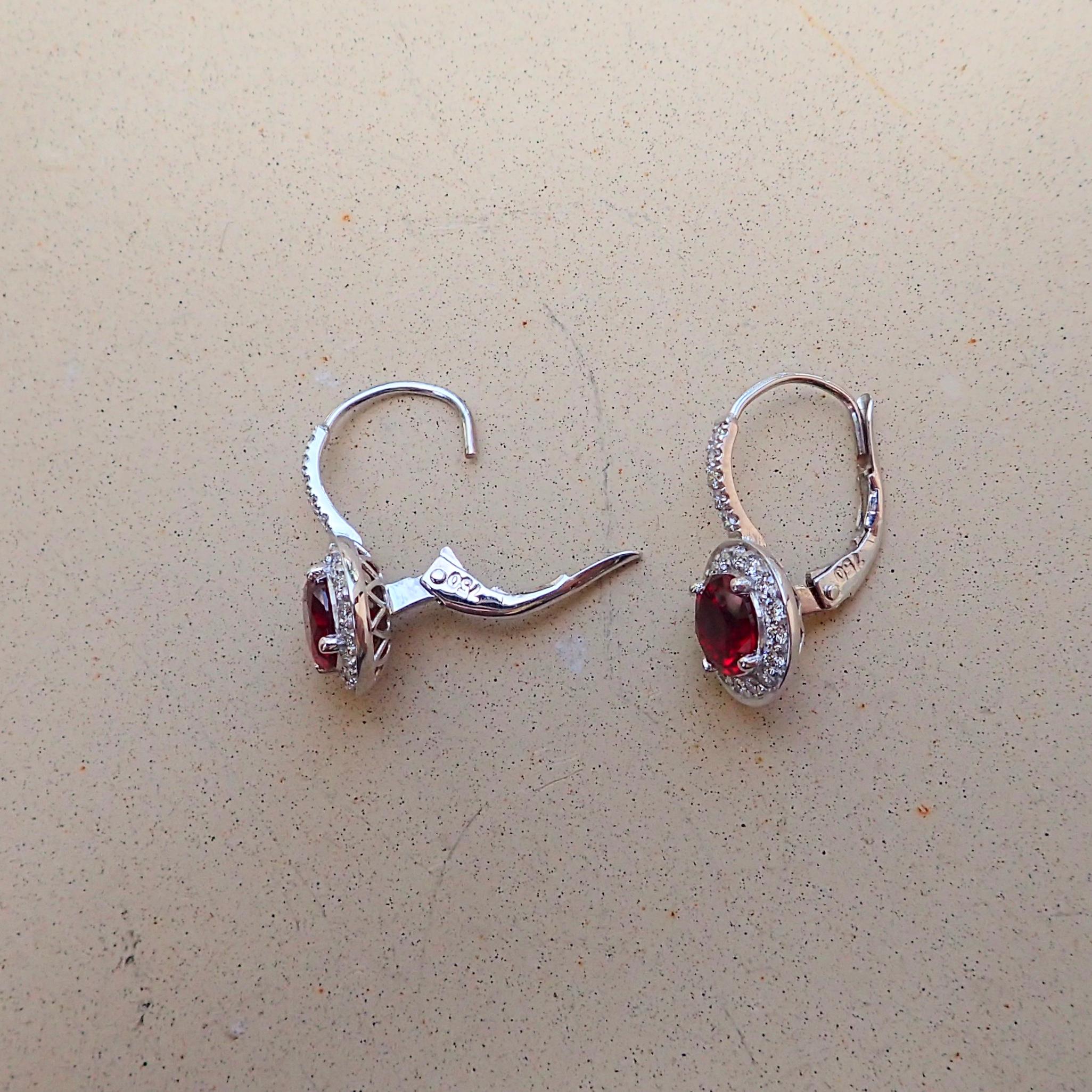 Round Cut 18k White Gold Earrings, 2.43 Carat Chatham-Created Ruby, 0.41 Carat Diamond