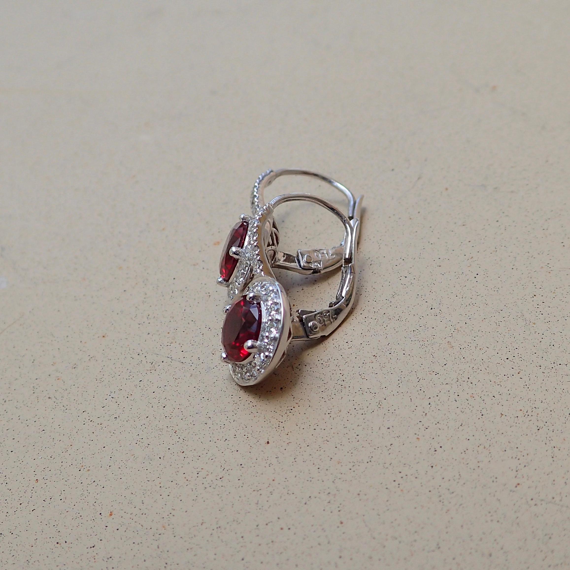 18k White Gold Earrings, 2.43 Carat Chatham-Created Ruby, 0.41 Carat Diamond In New Condition In Coral Gables, FL