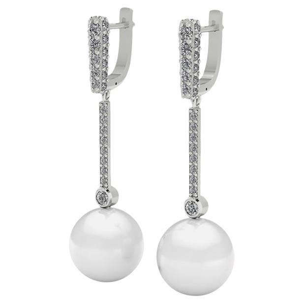 18K White Gold Earrings Diamond and Round Natural Pearl