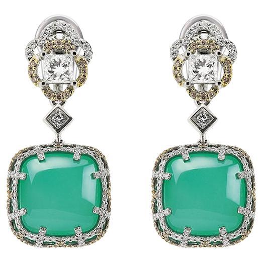 18K Weißgold Ohrringe Diamanten mit Kissen Chrysopras im Angebot