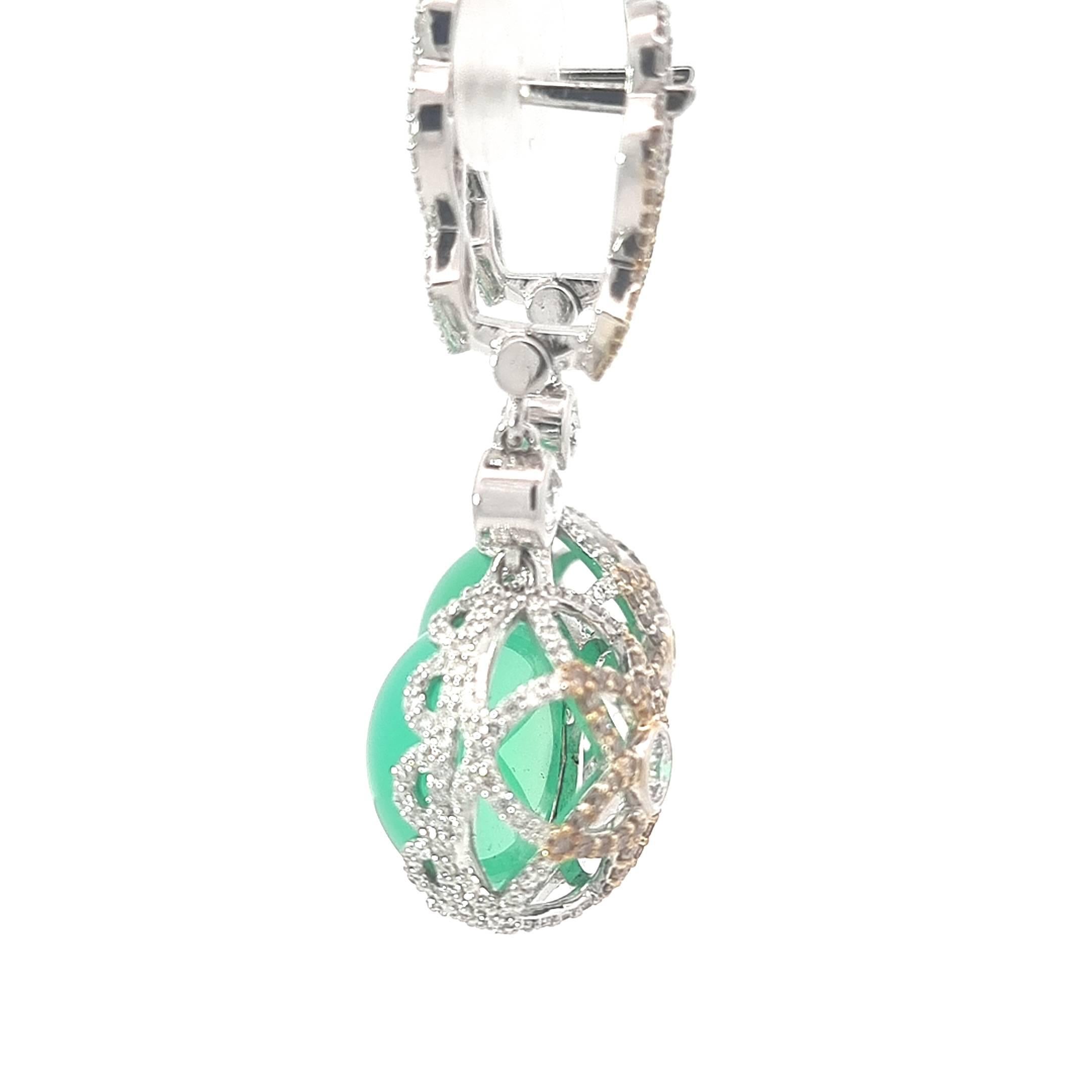 18K White Gold Earrings Diamonds with Round Chrysoprase For Sale 6