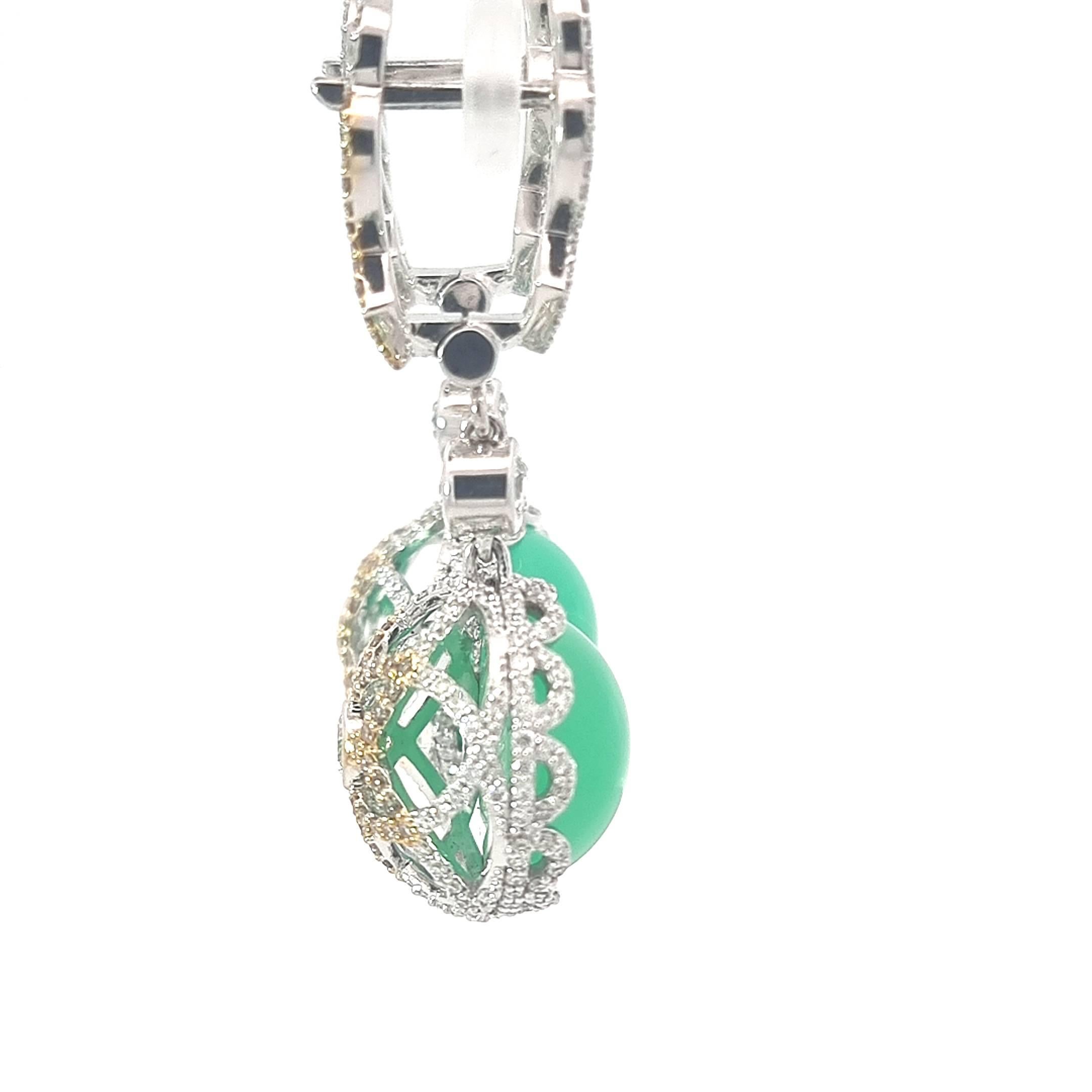 18K White Gold Earrings Diamonds with Round Chrysoprase For Sale 8