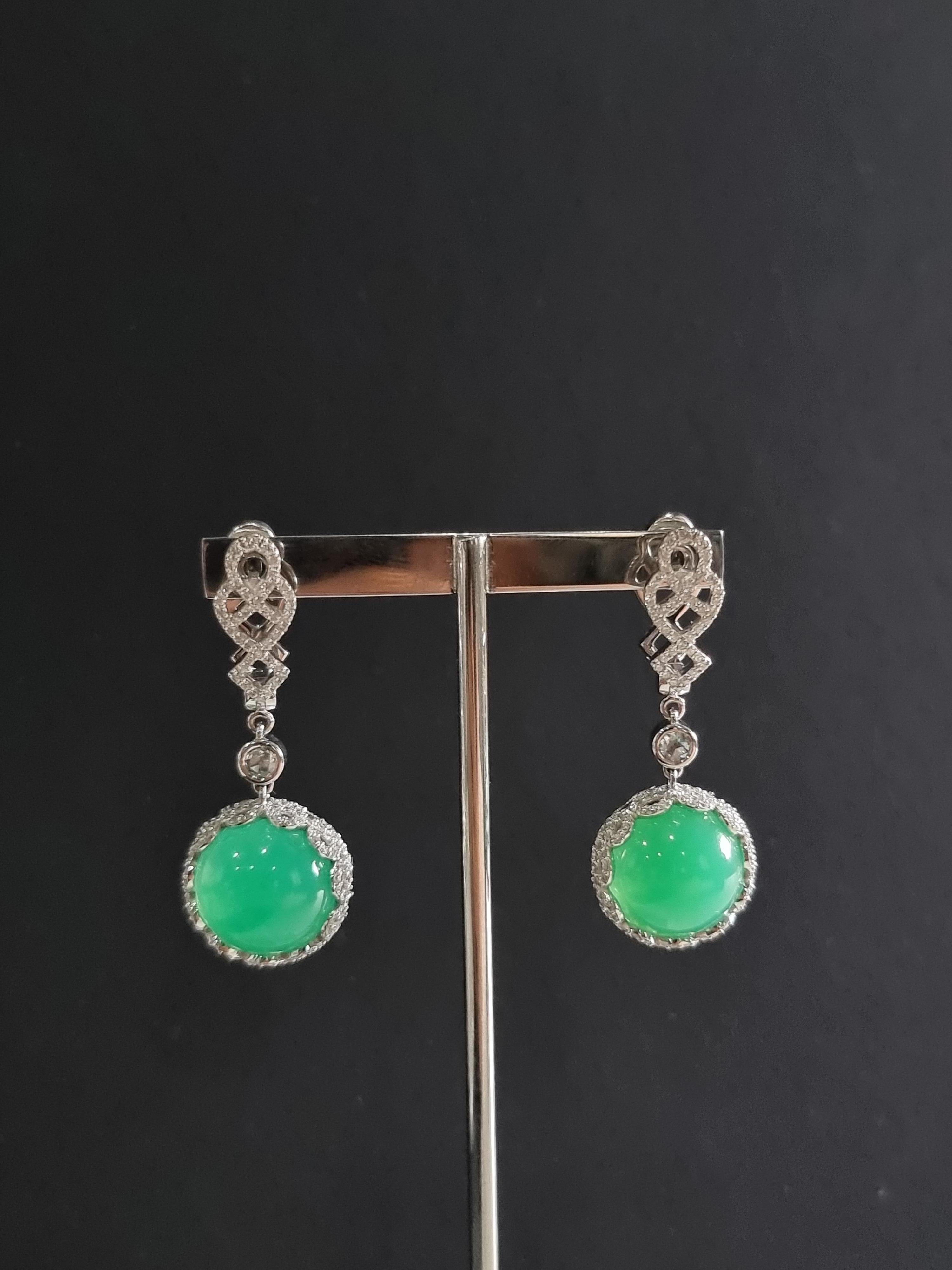 Women's 18K White Gold Earrings Diamonds with Round Chrysoprase For Sale