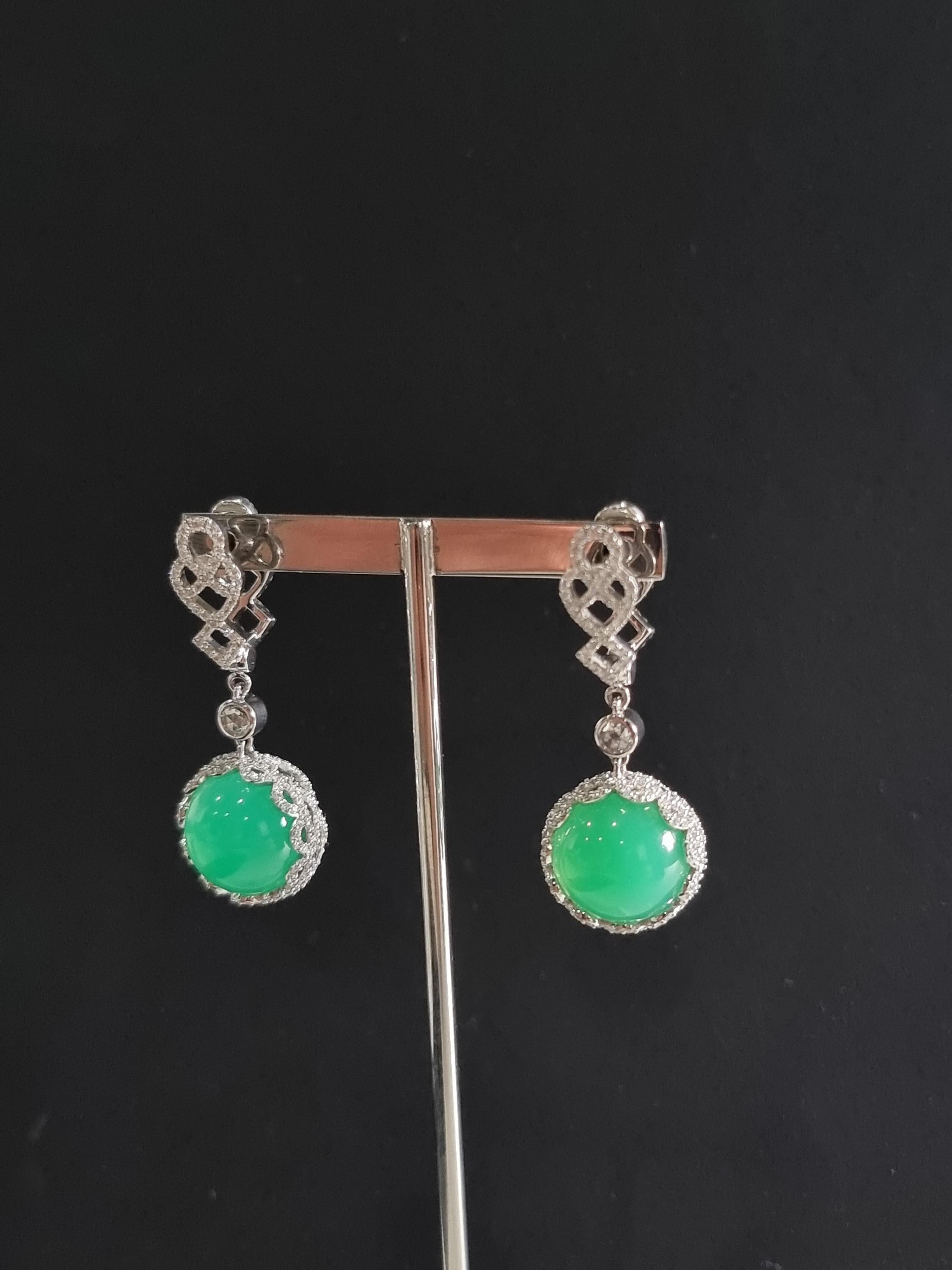 18K White Gold Earrings Diamonds with Round Chrysoprase For Sale 3