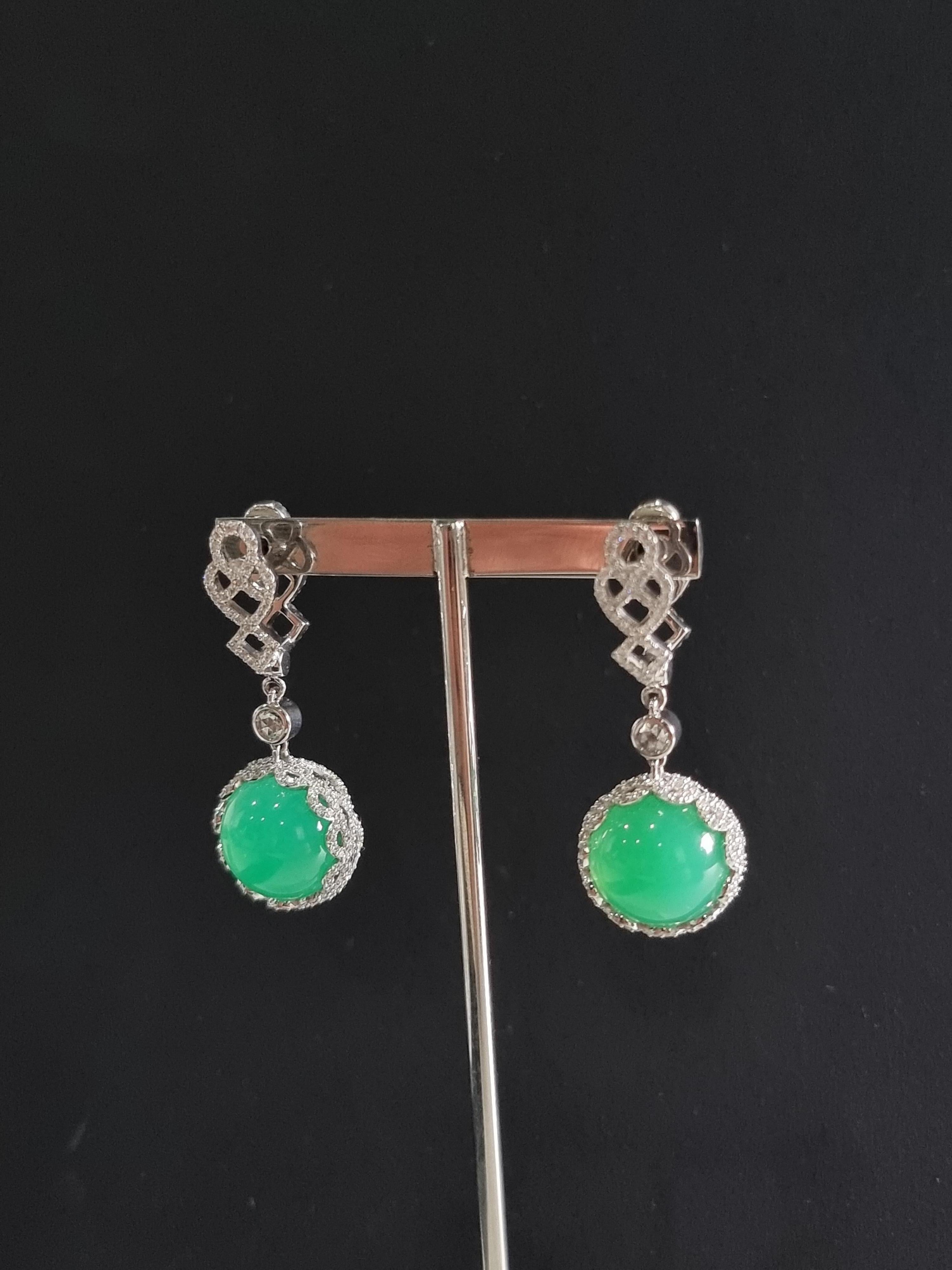 18K White Gold Earrings Diamonds with Round Chrysoprase For Sale 4