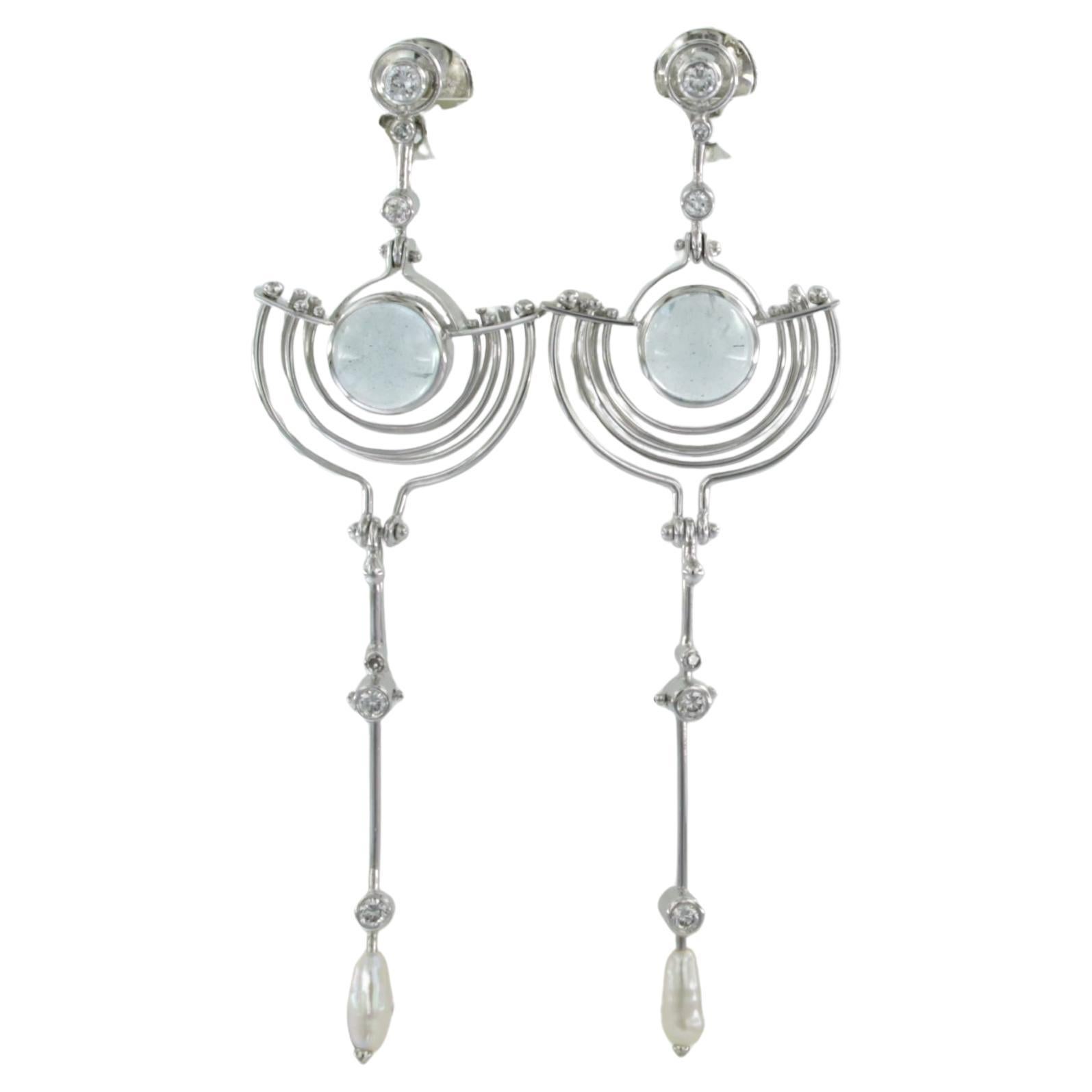 18k white gold earrings set with pearl, aquamarine and brilliant cut diamonds