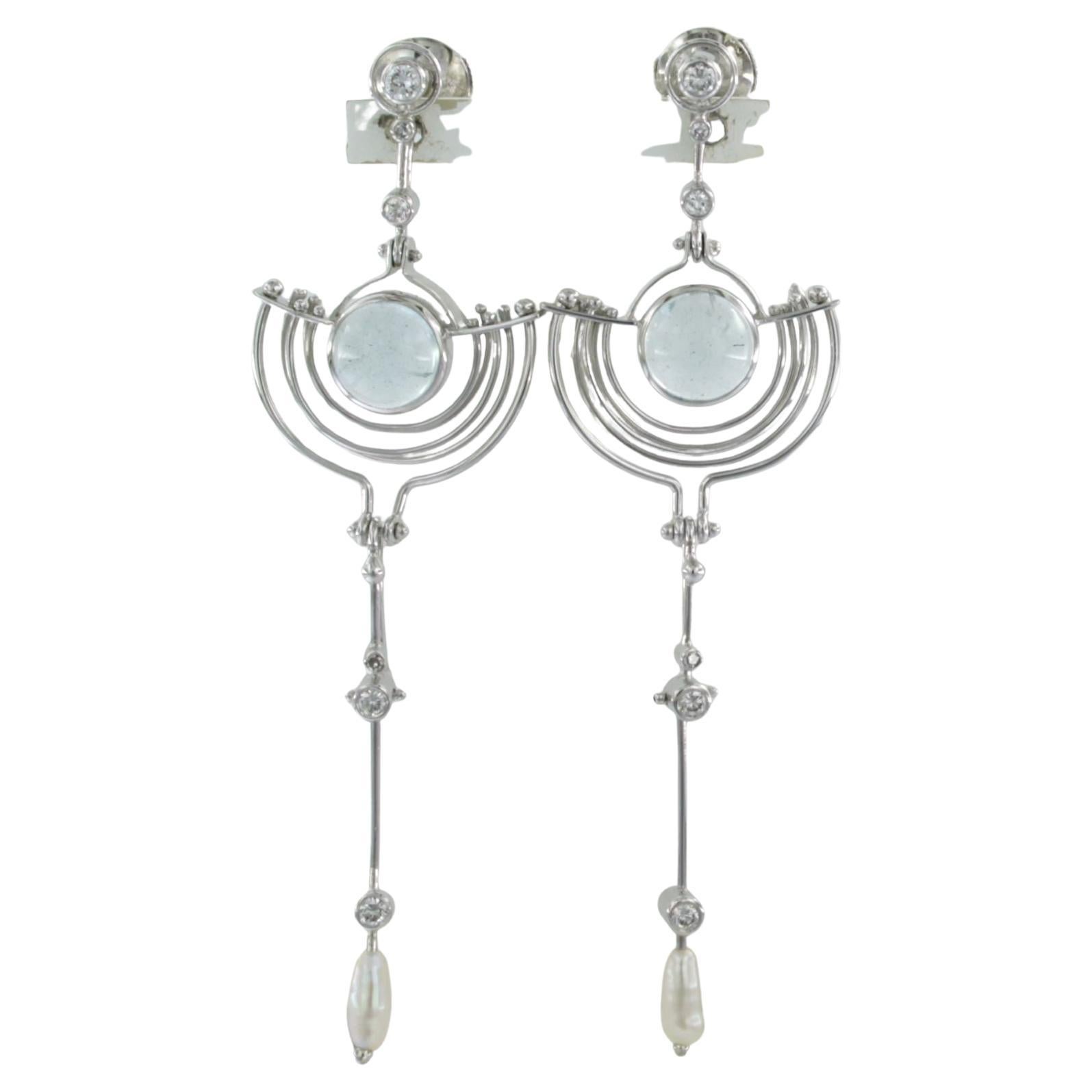 18k white gold earrings set with pearl, aquamarine and brilliant cut diamonds