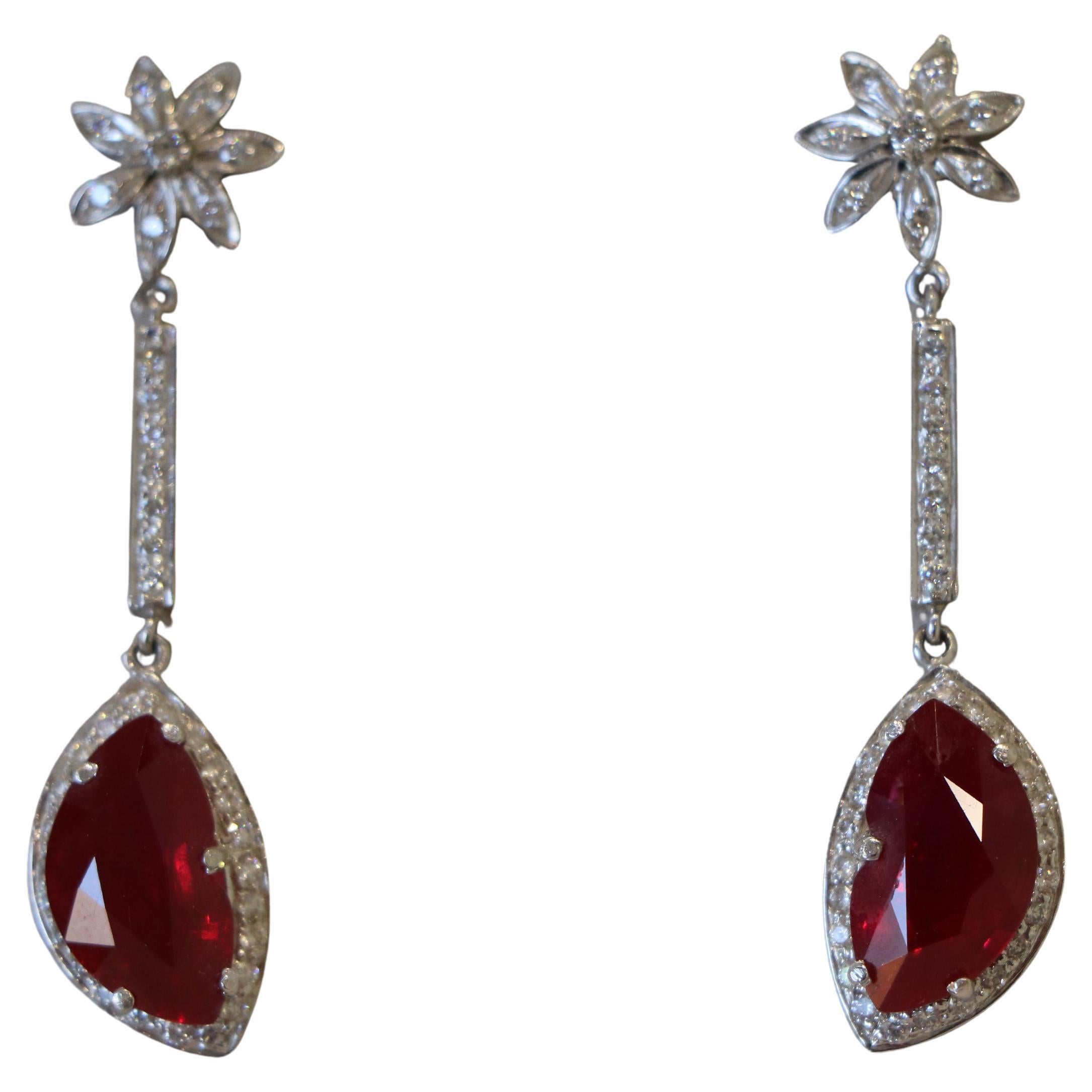 18K White Gold Earrings set with Rubies and Diamonds