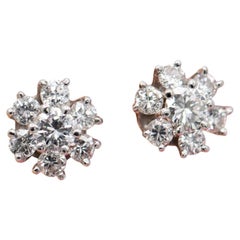 18K white gold earrings - Small floral Authentic diamond cluster studs - classic