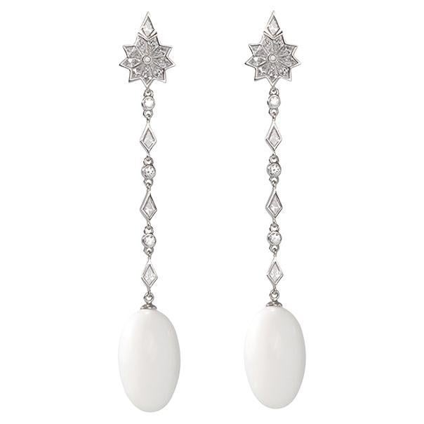 18K White Gold Earrings Star Diamond and Natural Pearl
