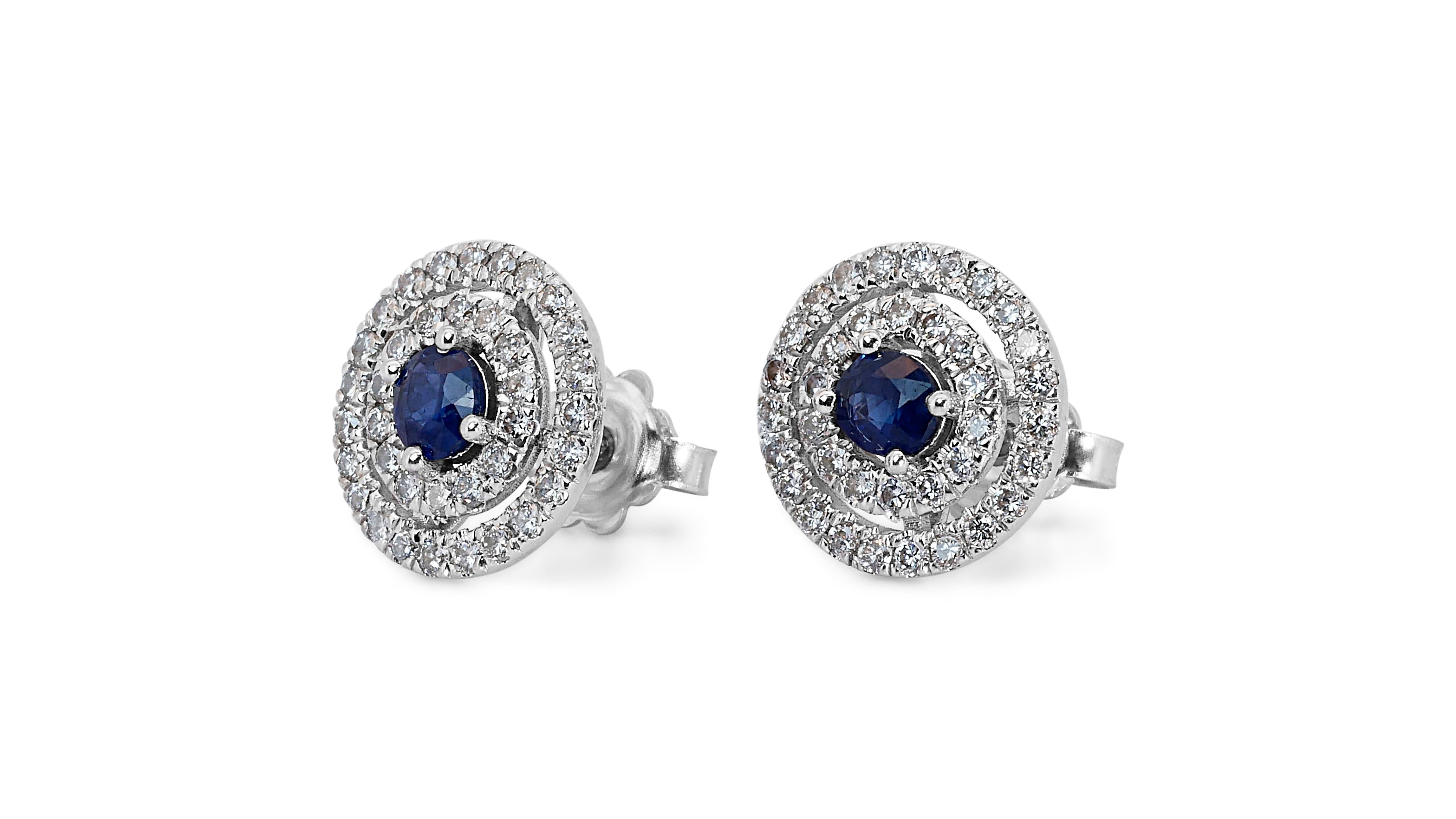 Round Cut 18k White Gold Earrings w/ 1.68ct Sapphire and Natural Diamonds IGI Certificate For Sale